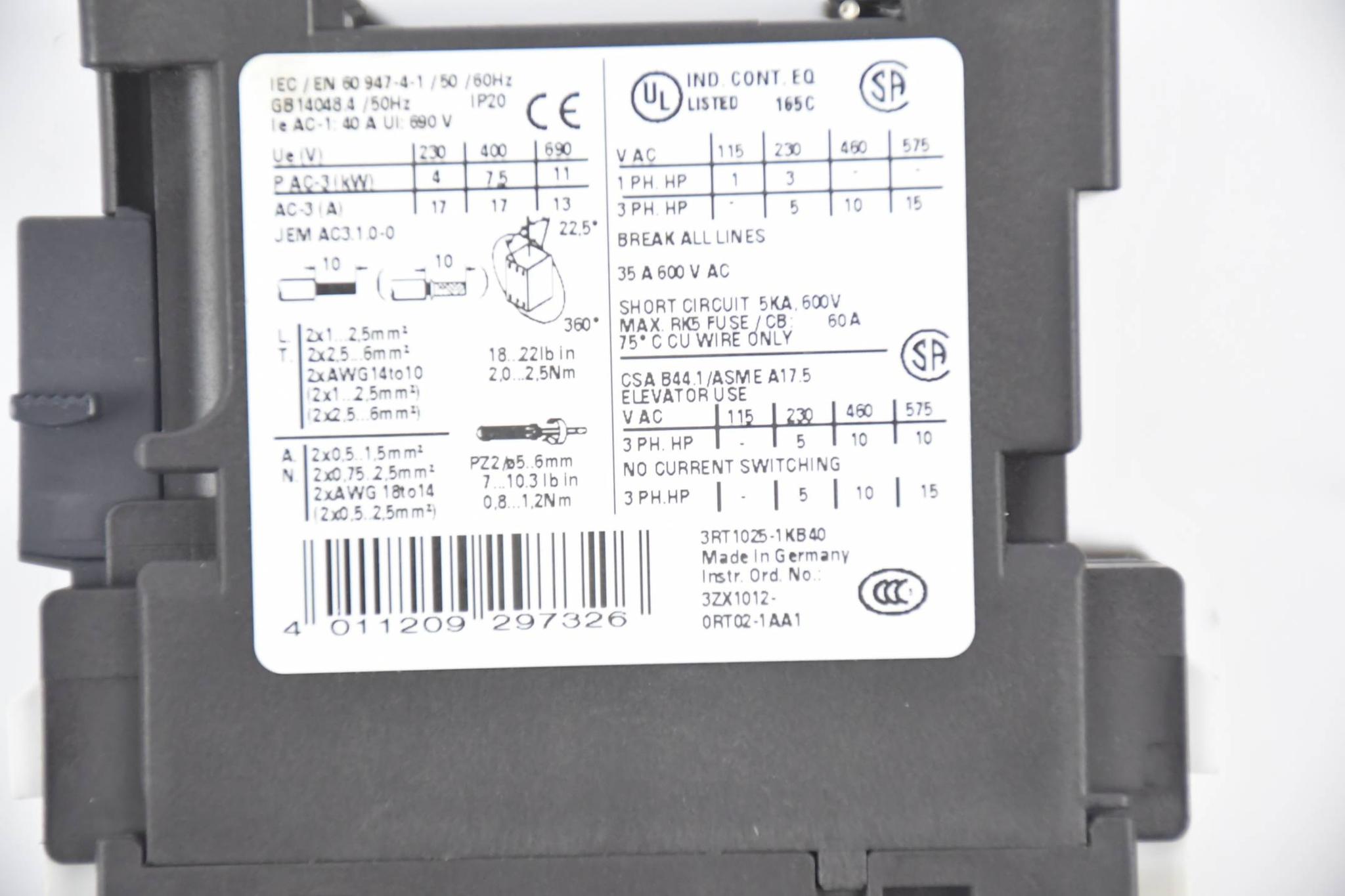 Produktfoto 1 von Siemens Sirius Leistungsschütz 3RT1025-1KB40 ( 3RT1 025-1KB40 )