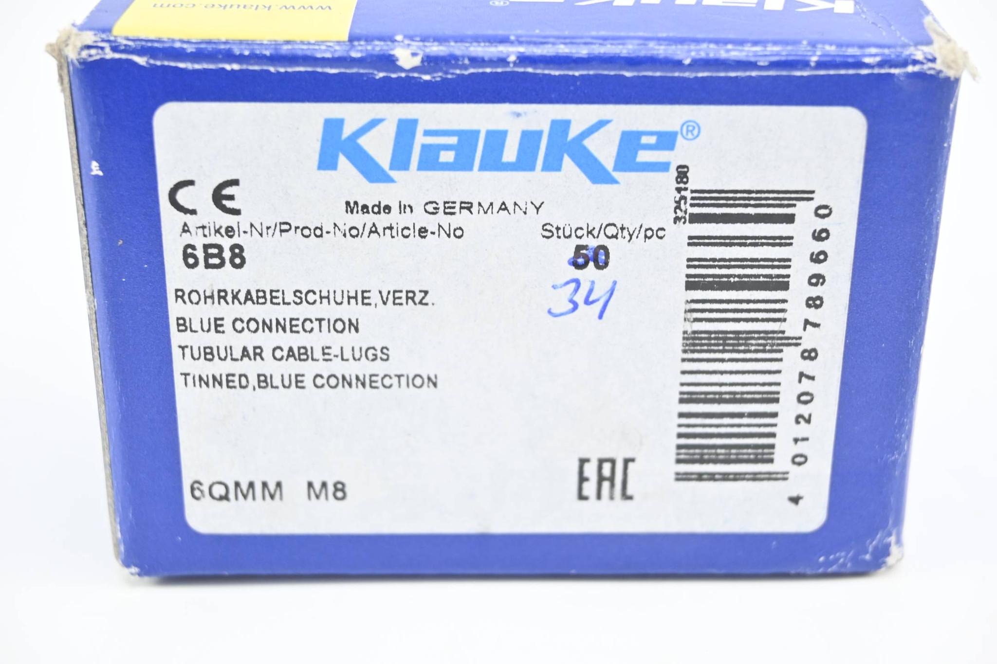 Produktfoto 3 von Klauke 34 Stück Rohrkabelschuhe verzinnt Blue Connection 6B8 ( 6QMM M8 )