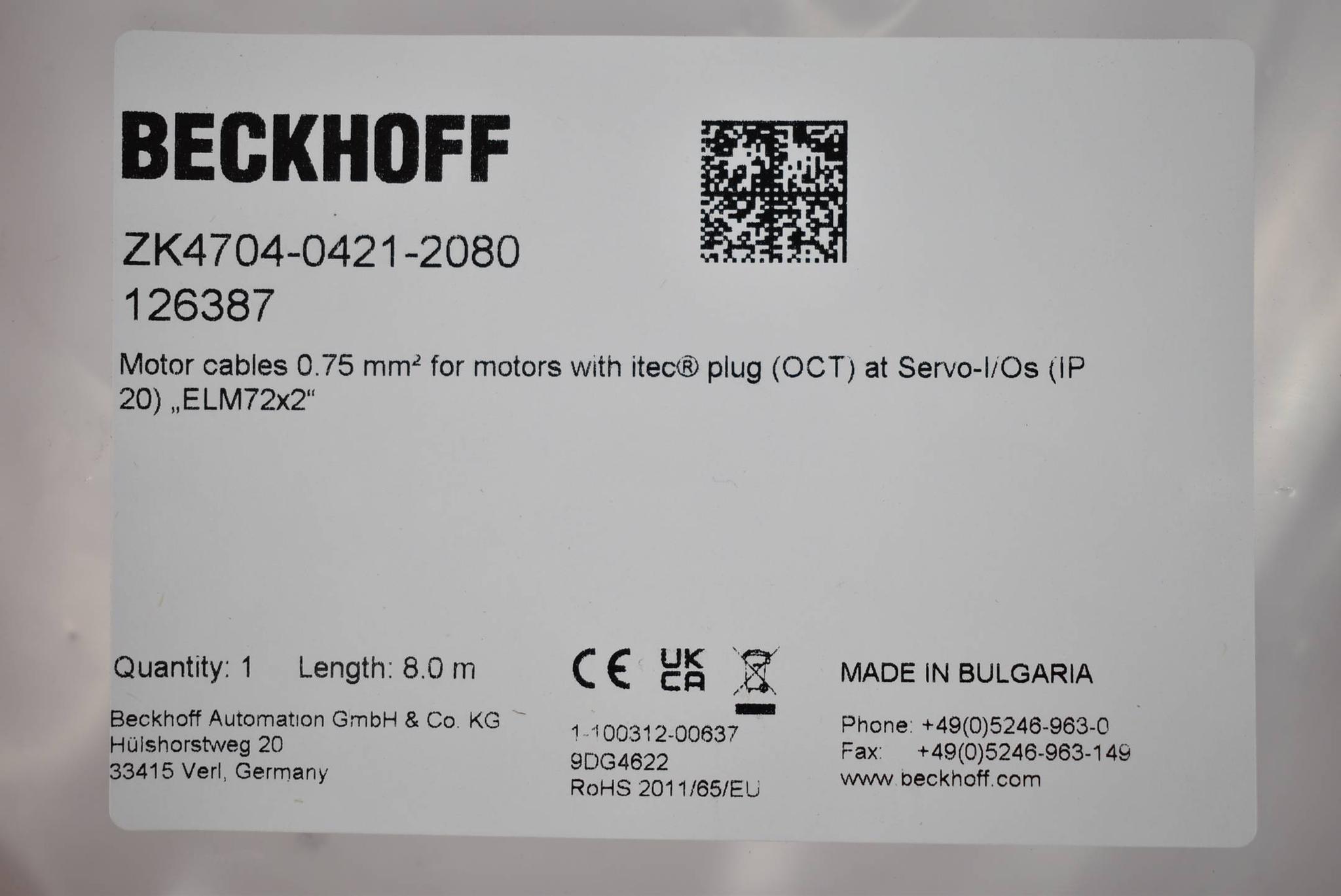 Produktfoto 1 von Beckhoff Motoranschlussleitung ZK4704-0421-2080 ( 0,75mm² 8,0m )