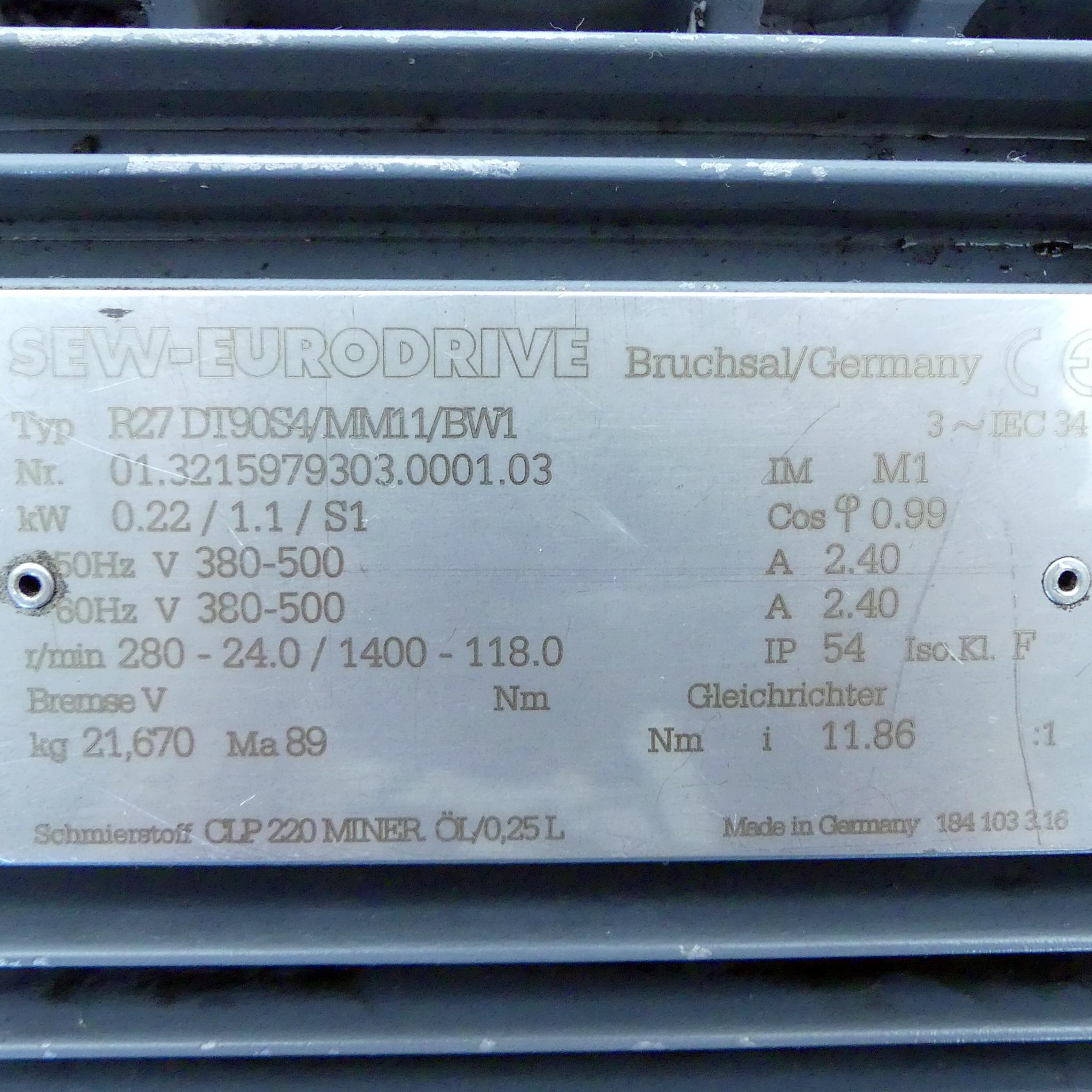 Produktfoto 2 von SEW-EURODRIVE Getriebemotor R27DT90S4/MM11/BW1