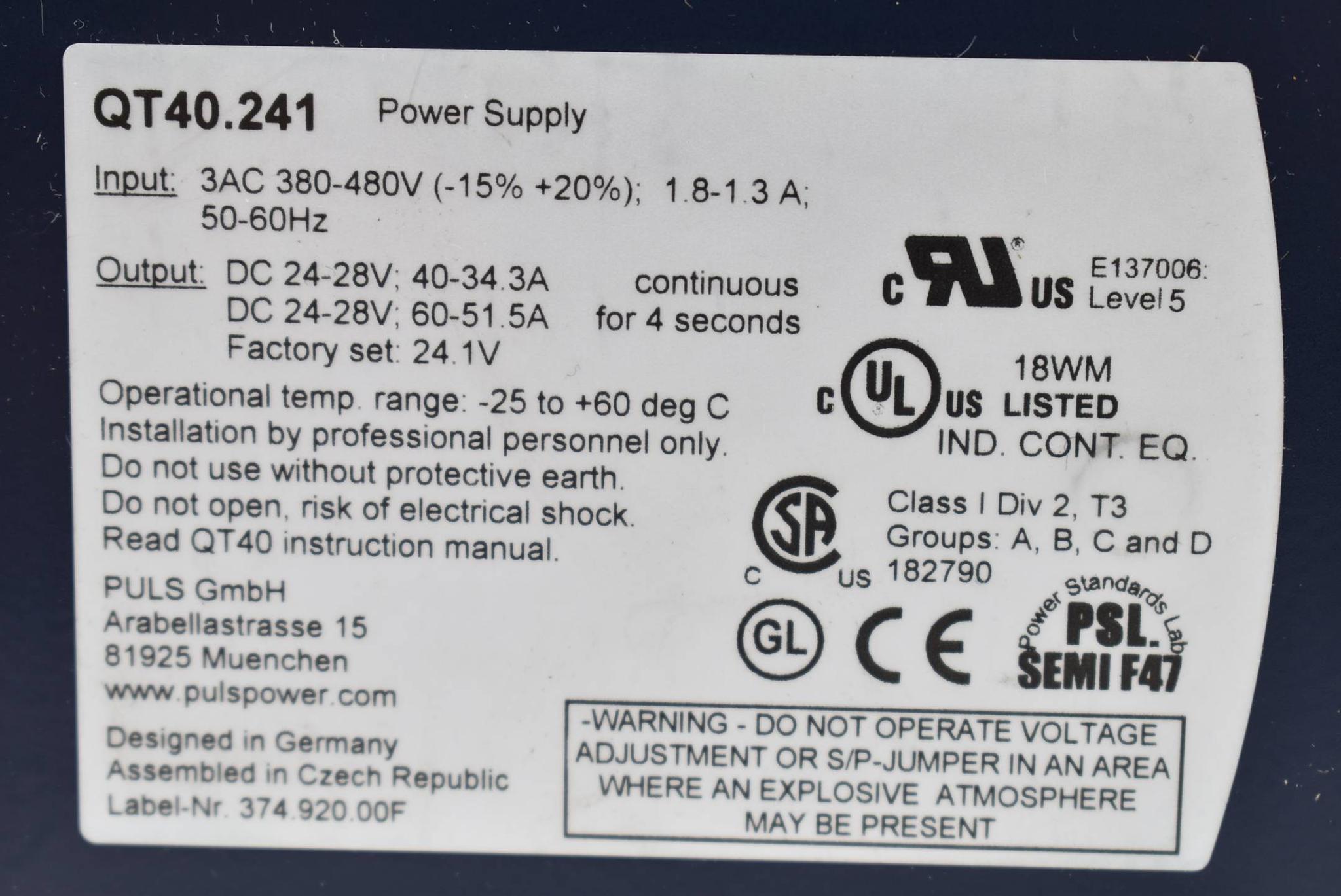 Produktfoto 2 von Puls Power Supply 3-Phasen 24V 40A 960W QT40.241