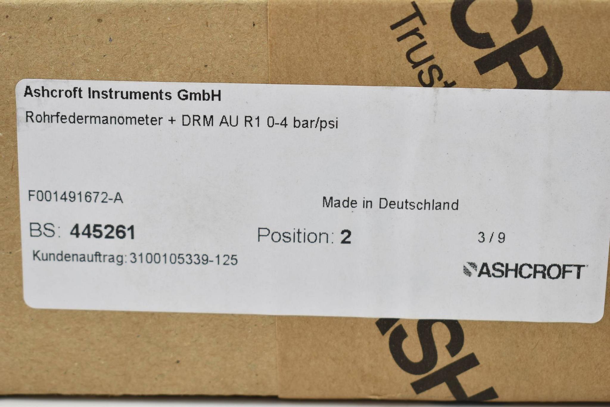 Produktfoto 1 von Ashcroft Rohrfedermanometer + DRM AU R1 0-4bar/psi F001491672-A ( 445261 )