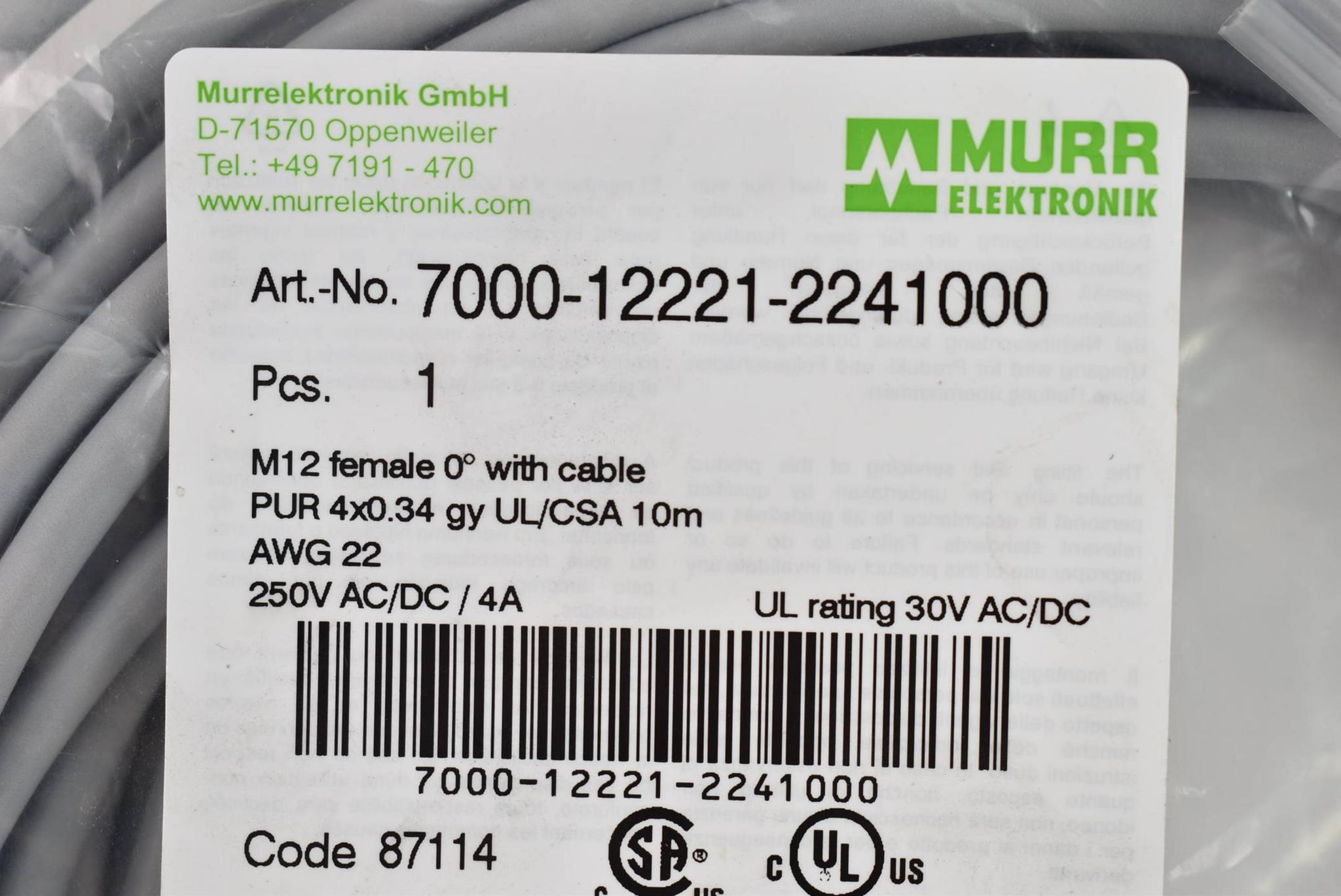 Murr Elektronik M12 female with cable 250V AC/DC 4A 30V AC/DC 7000-12221-2241000