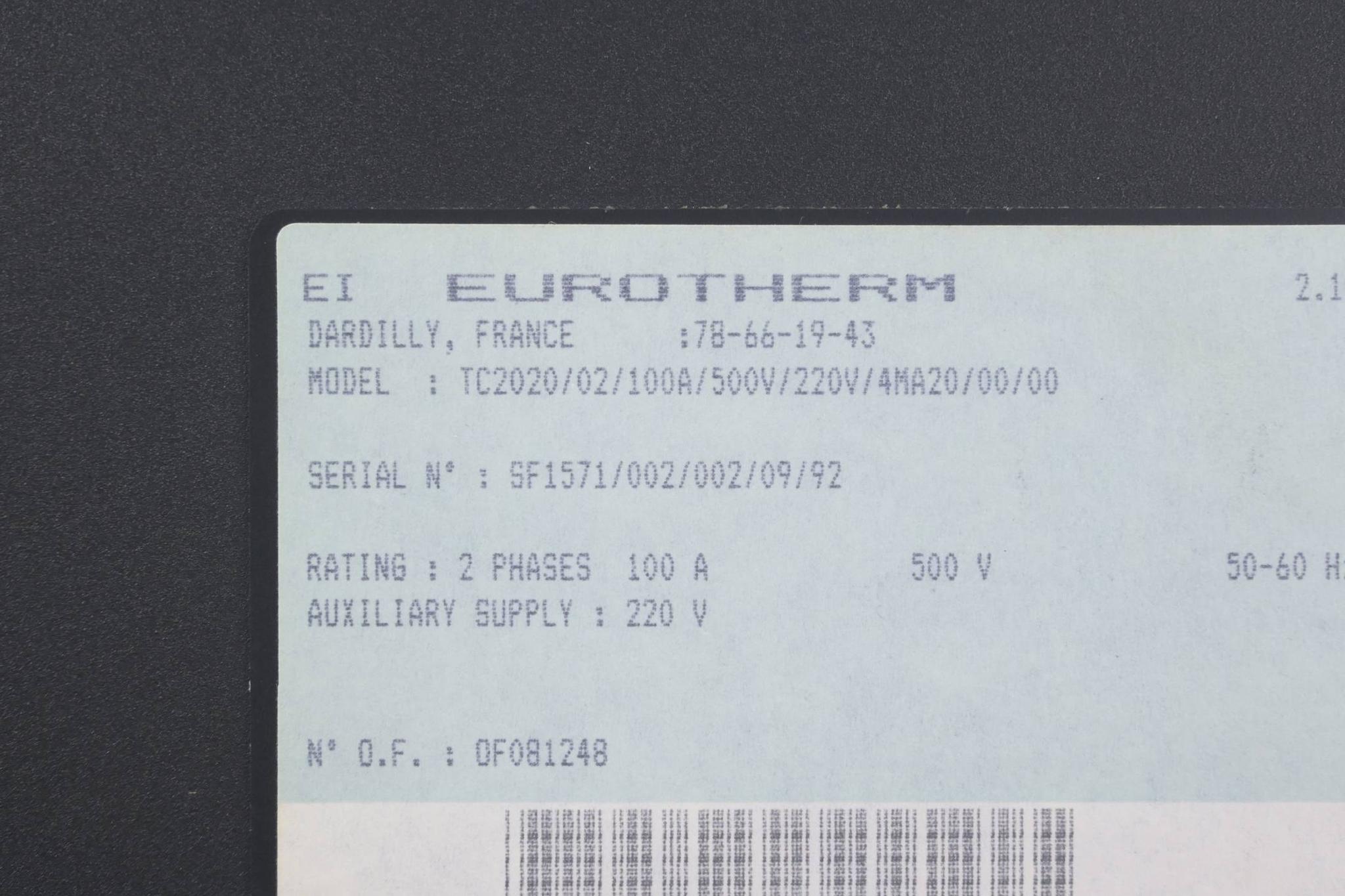 Produktfoto 3 von Eurotherm TC2020/02/100A/500V/220V/4MA20/00/00