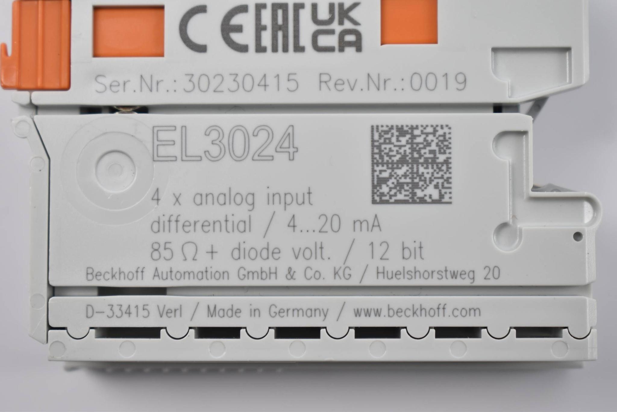 Produktfoto 2 von Beckhoff EtherCat-Klemme 4-Kanal-Analog-Eingang 4-20mA 12Bit EL3024 ( EL 3024 )