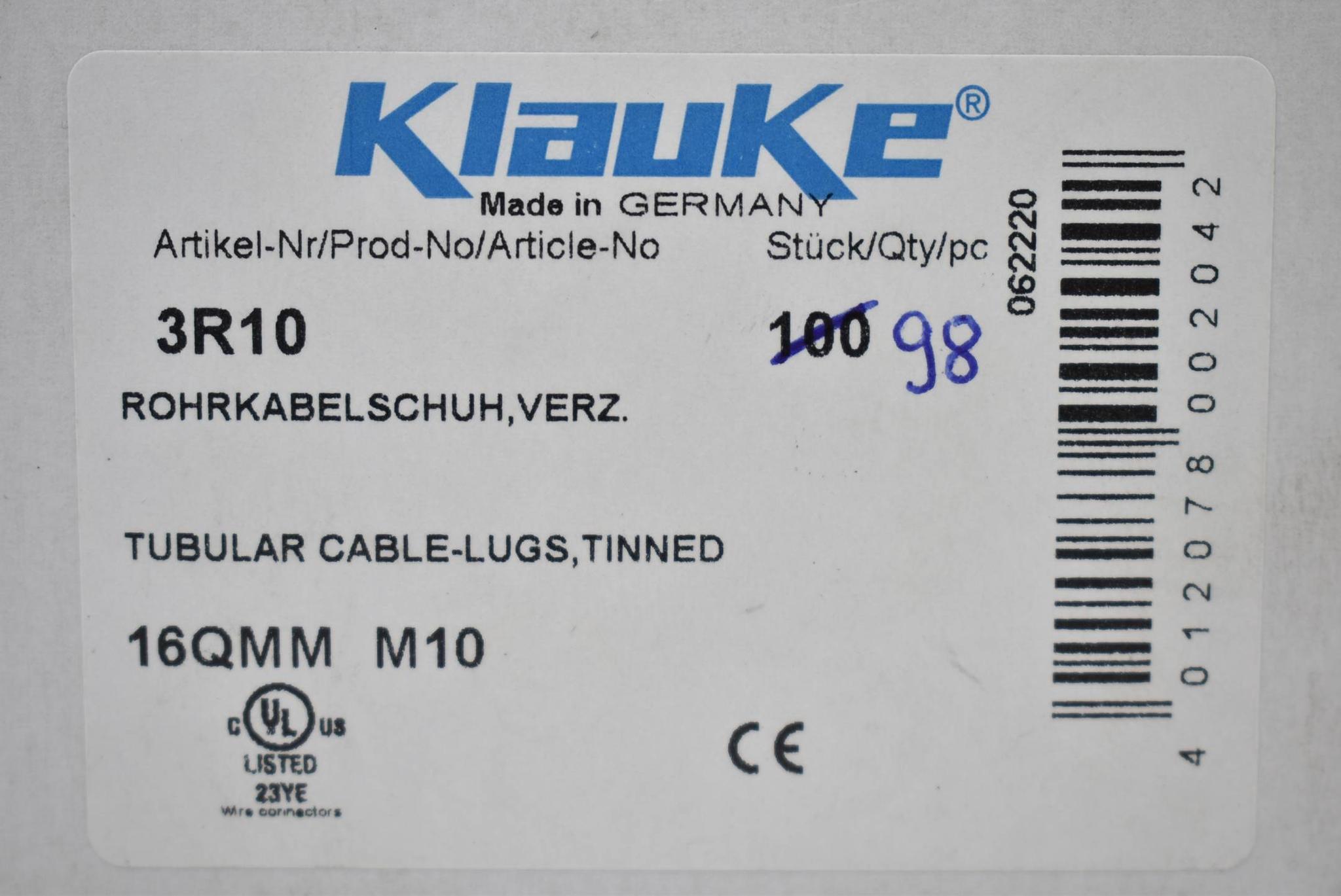 Produktfoto 1 von Klauke Rohrkabelschuh verzinnt 3R10 ( 16QMM M10 ) VE 98 Stück