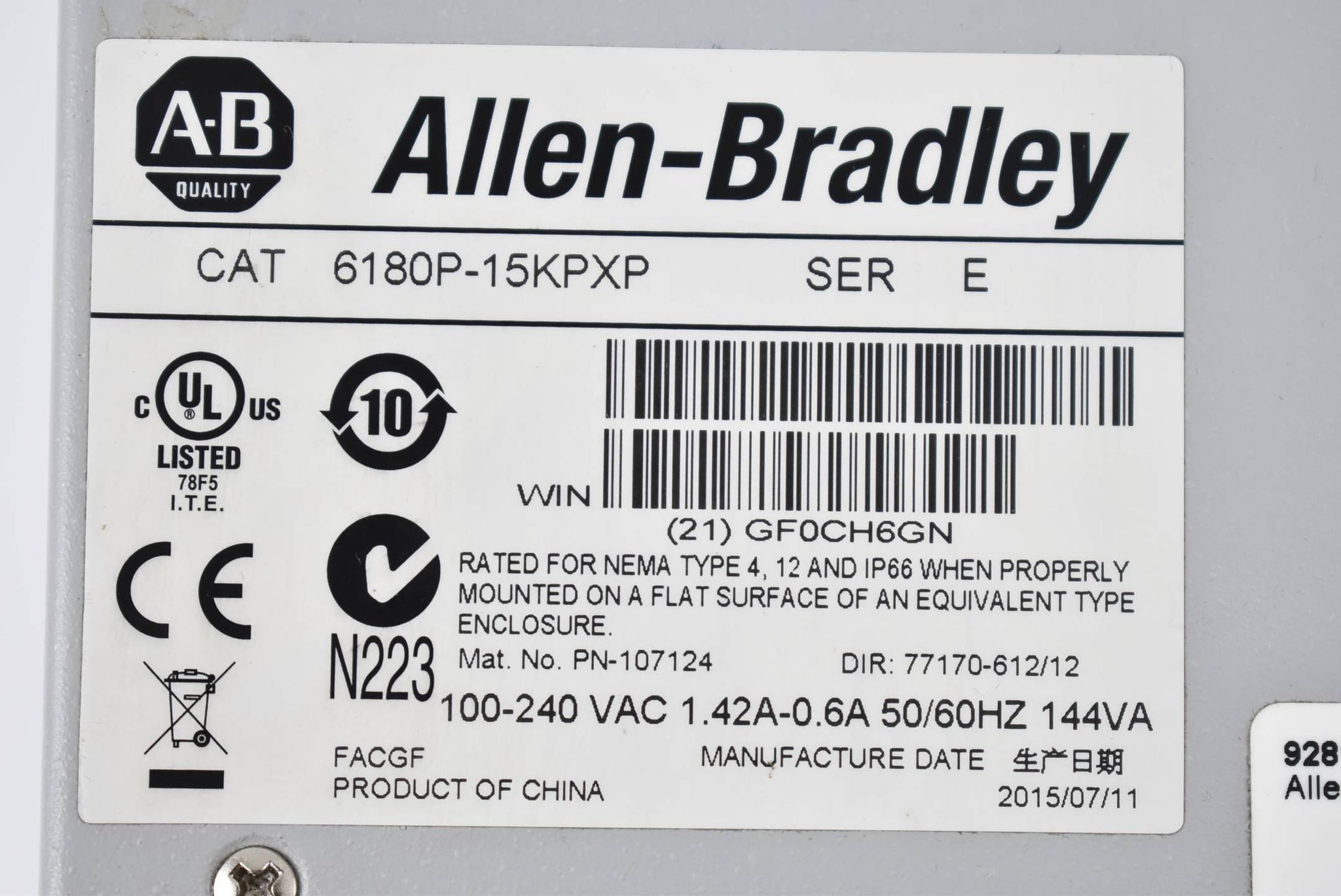 Produktfoto 5 von Allen-Bradley 1500P Industriecomputer 6180P-15KPXP ( 100,240VAC 50-60Hz ) Ser. E