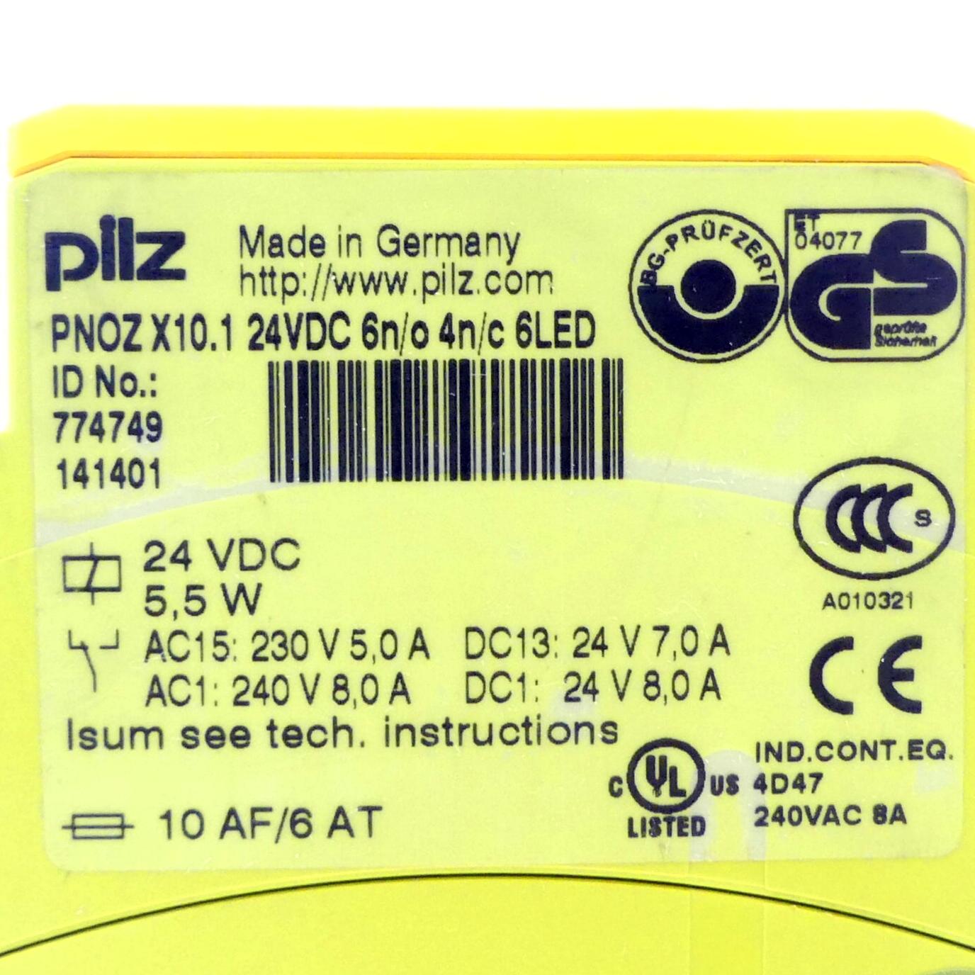 Produktfoto 2 von PILZ Sicherheitsschaltgerät PNOZ X10.1 24VDC 6n/o 4n/c 6LED