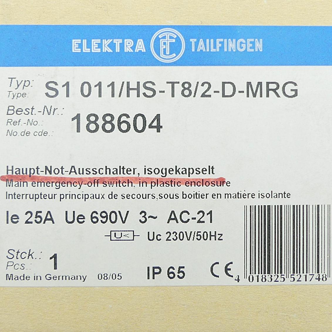 Produktfoto 2 von ELEKTRA Haupt-Not-Ausschalter, isogekapselt S1 011/HS-T8/2-D-MRG