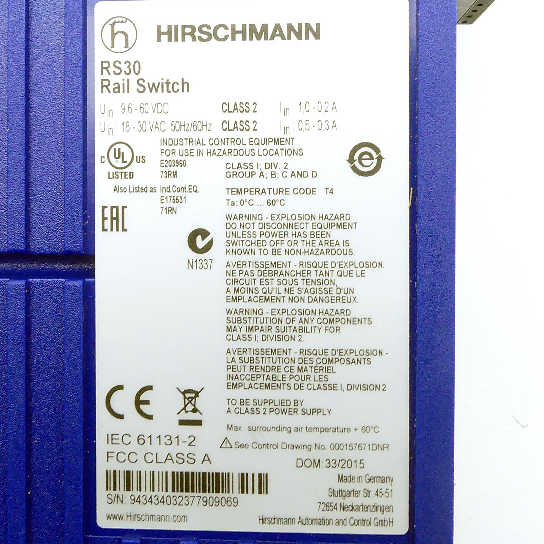 Produktfoto 2 von HIRSCHMANN Industrieller Ethernet-Rail-Switch RS30