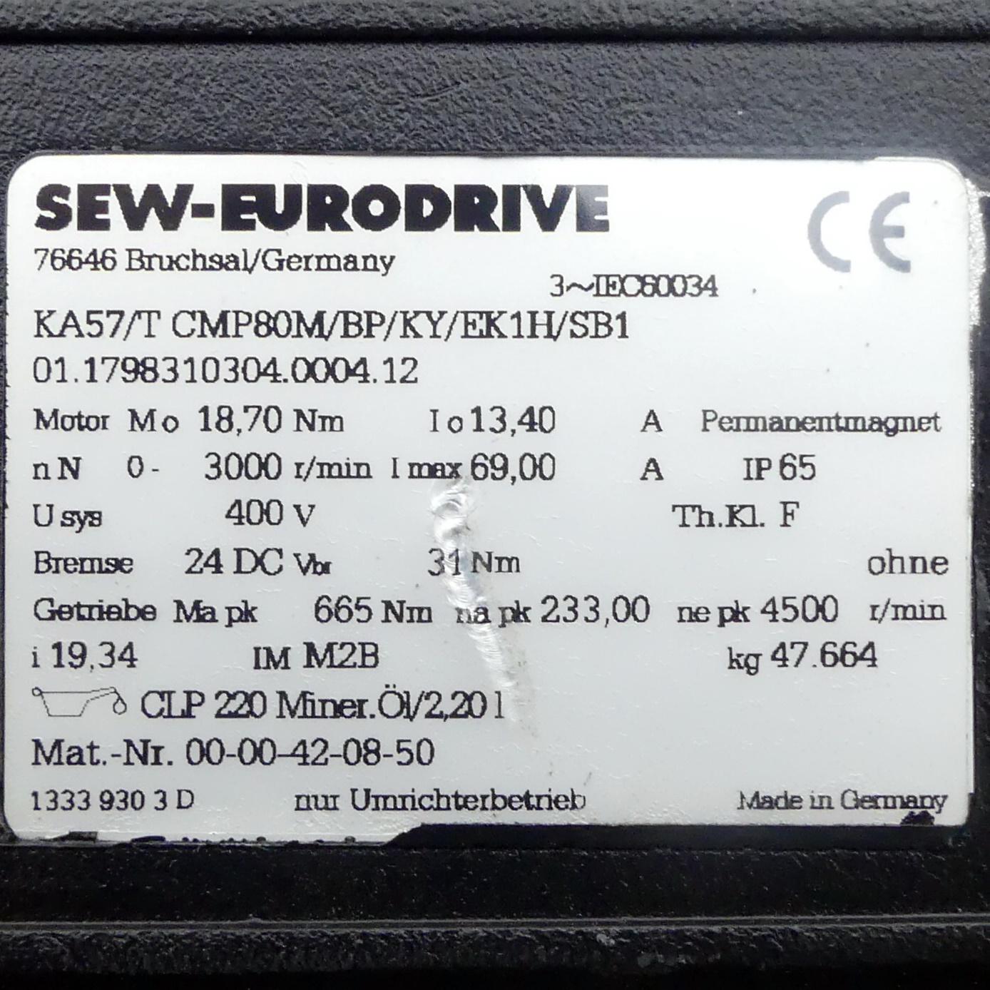 Produktfoto 2 von SEW-EURODRIVE Getriebemotor KA57/T CMP80M/BP/KY/EK1H/SB1