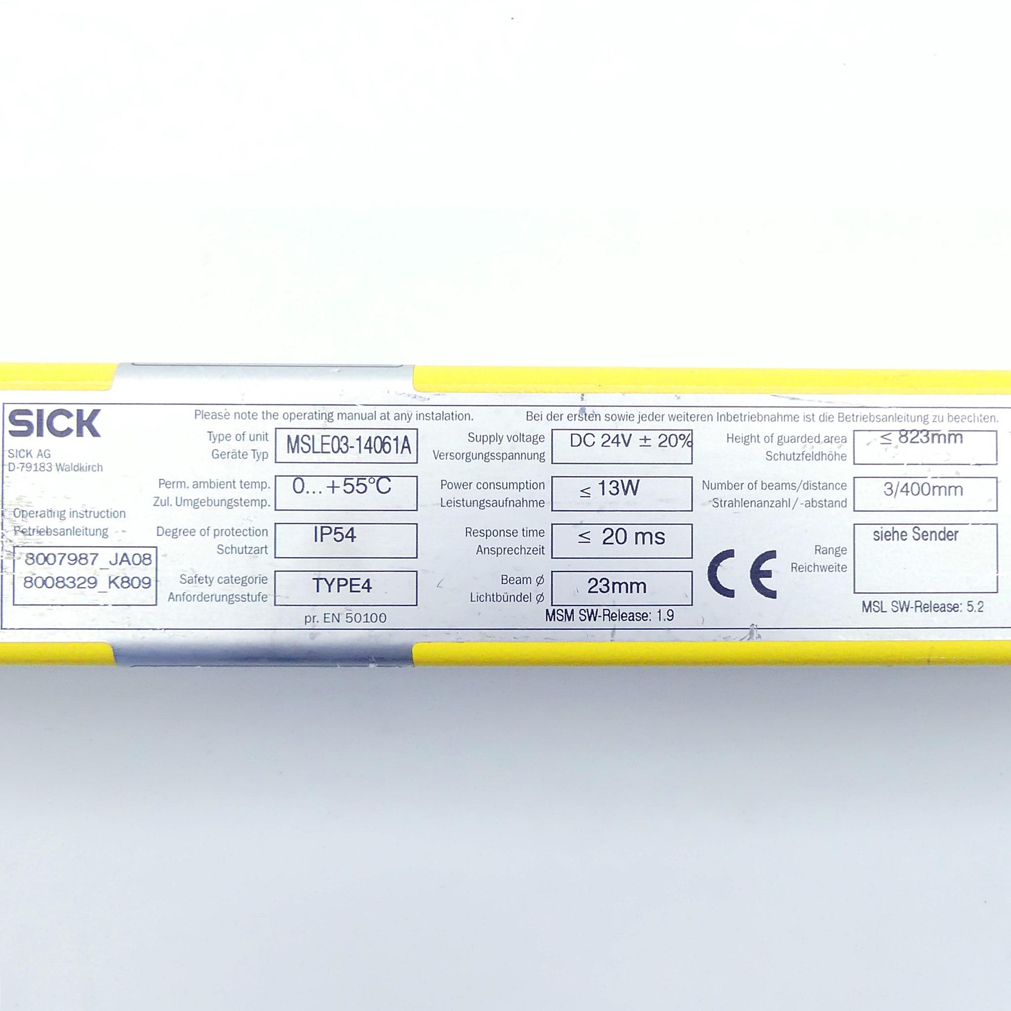 Produktfoto 2 von SICK Sicherheitslichtvorhang Empfänger MSLE03-14061A