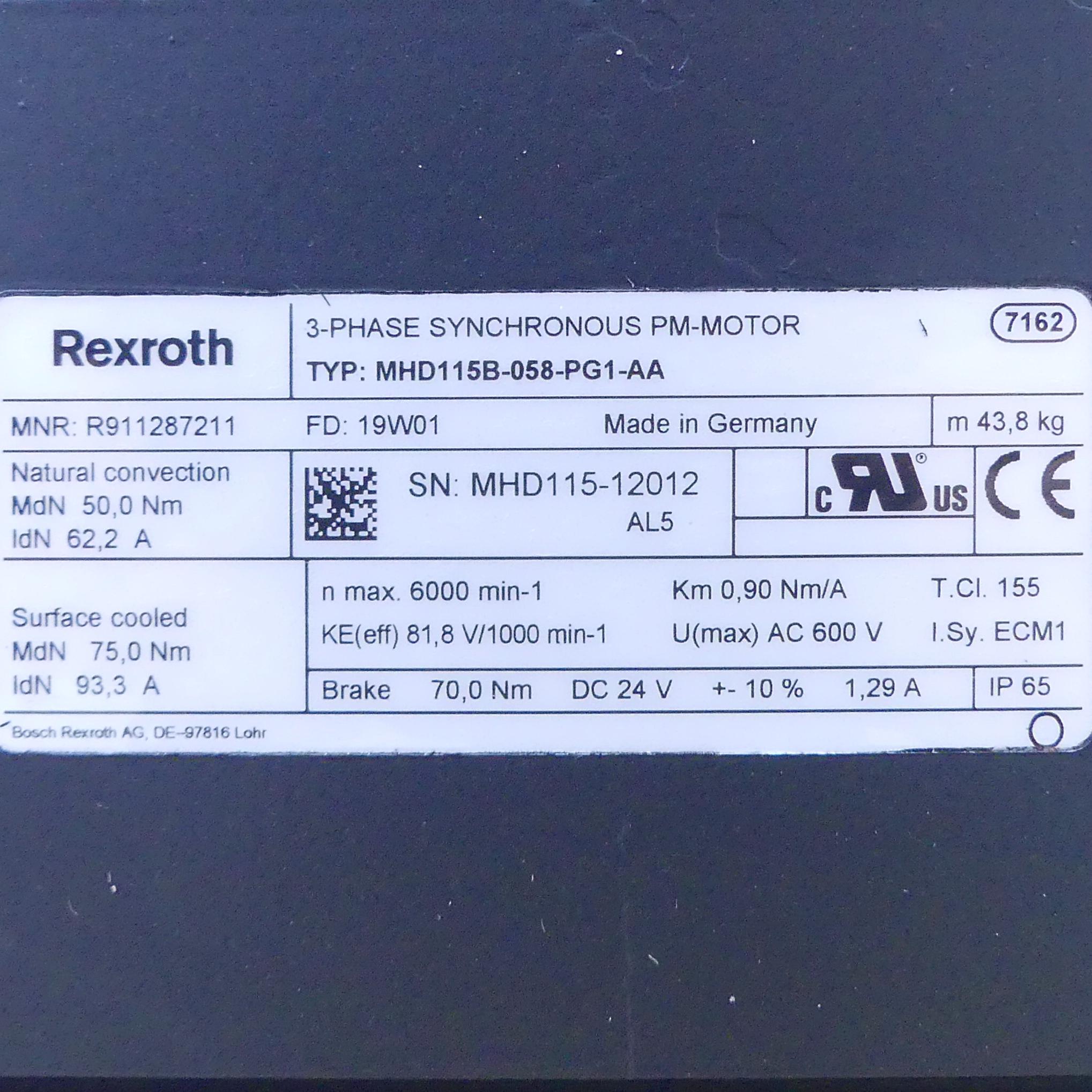 Produktfoto 2 von REXROTH Drehstrom Servomotor MHD115B-058-PG1-AA