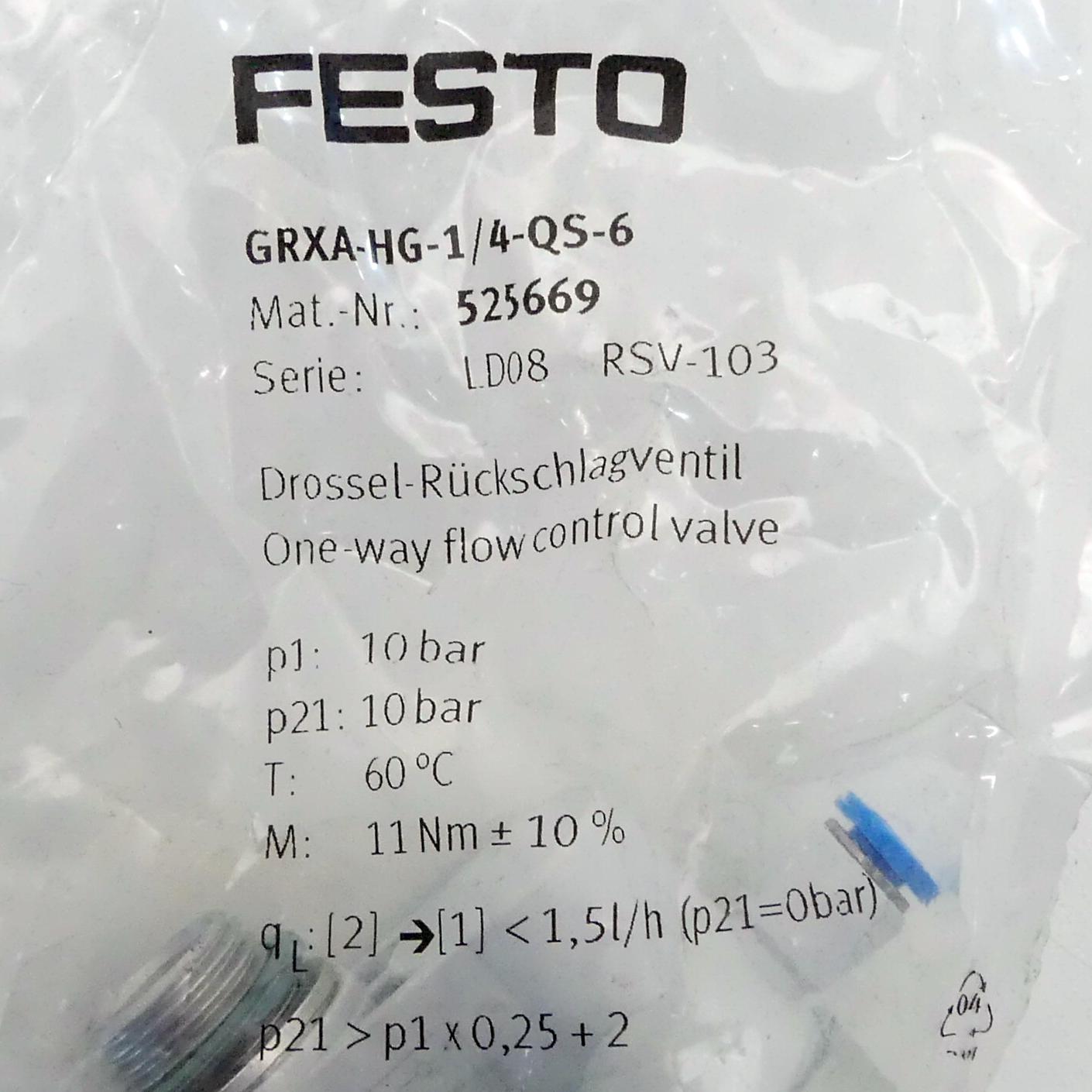 Produktfoto 2 von FESTO Drossel-Rückschlagventil GRXA-HG-1/4-QS-6