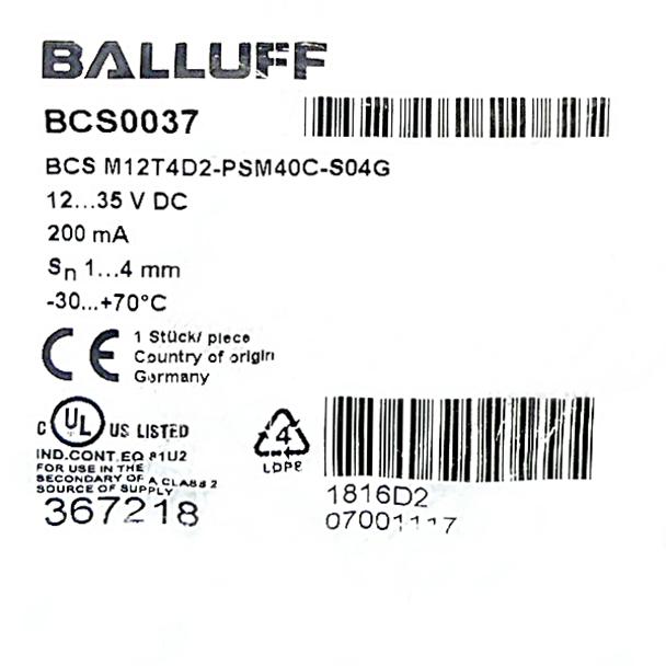 Produktfoto 2 von BALLUFF Kapazitiver Sensor zur Objekterkennung BCS M12T4D2-PSM40C-S04G