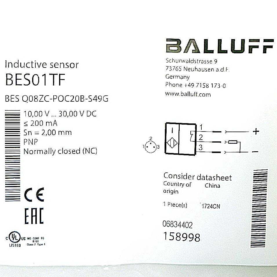 Produktfoto 2 von BALLUFF Induktiver Standardsensor BES Q08ZC-POC20B-S49G