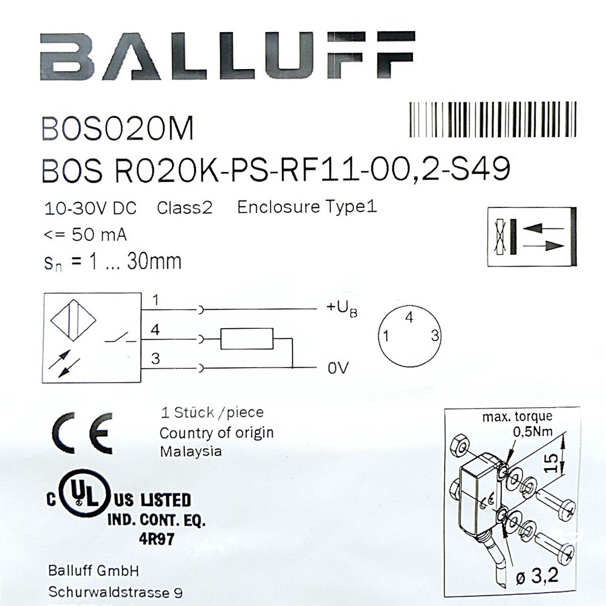 Produktfoto 2 von BALLUFF Lichttaster mit Hintergrundausblendung BOS020M