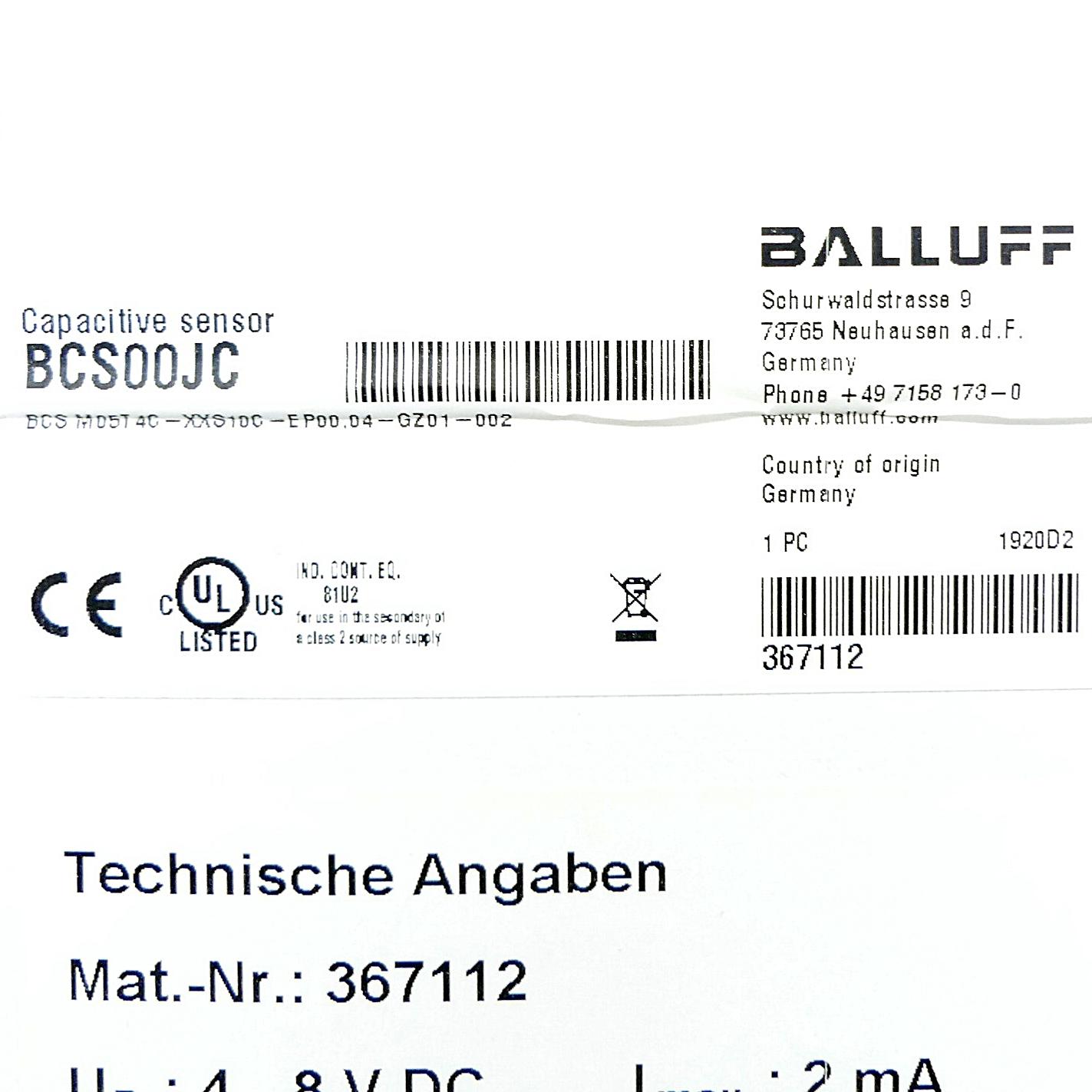 Produktfoto 2 von BALLUFF Kapazitiver Sensor BCS00JC