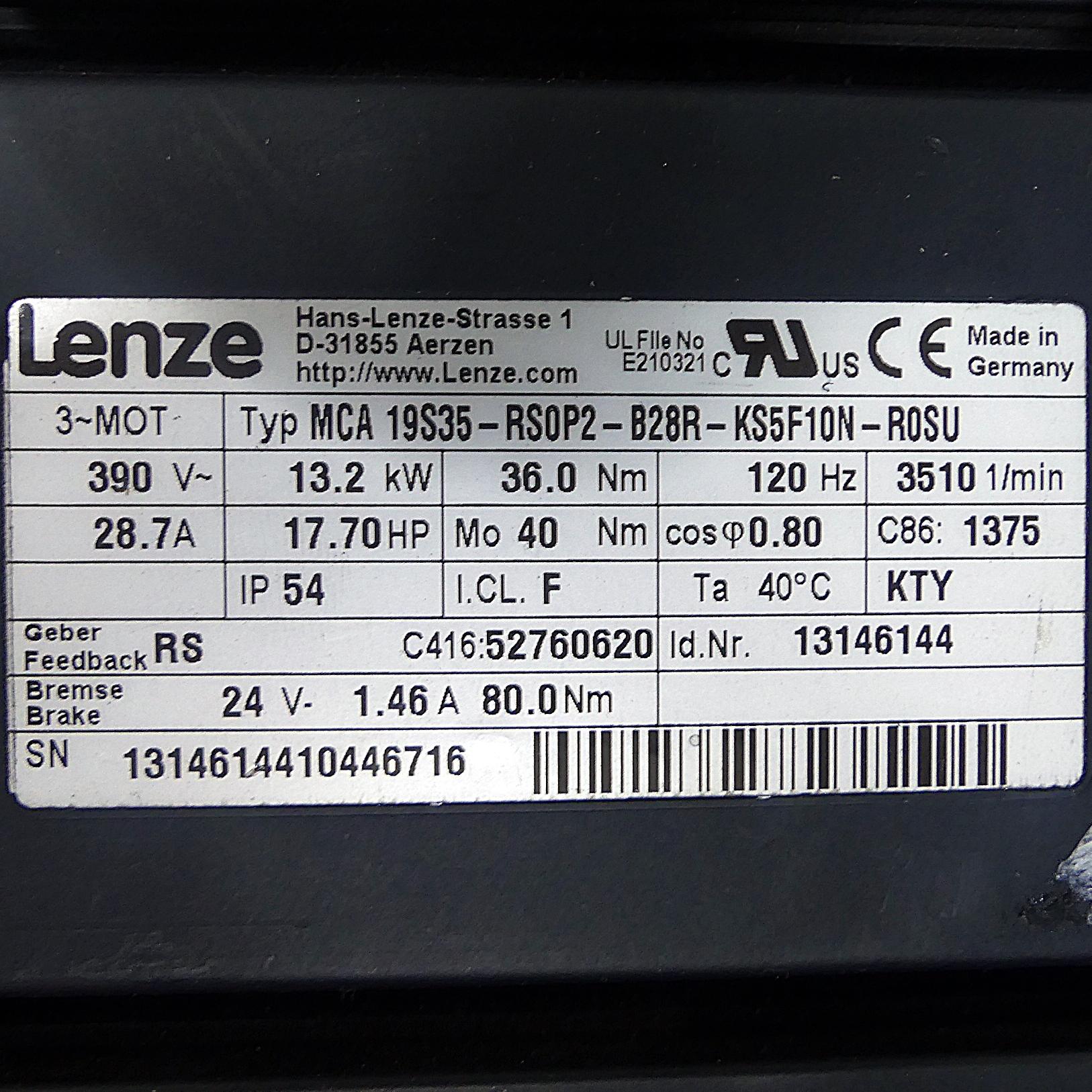 Produktfoto 2 von LENZE Servomotor MCA-19S35-RS0P2-B28R-KS5F10N-R0SU