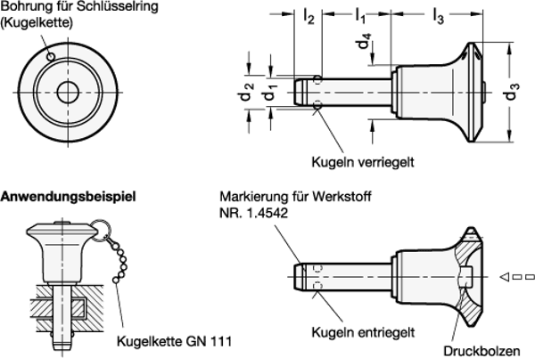 Produktfoto 3 von 480GN113.10-16-140 GANTER Edelstahl-Kugelsperrbolzen, Bolzen Werkstoff Nr. 1.4542