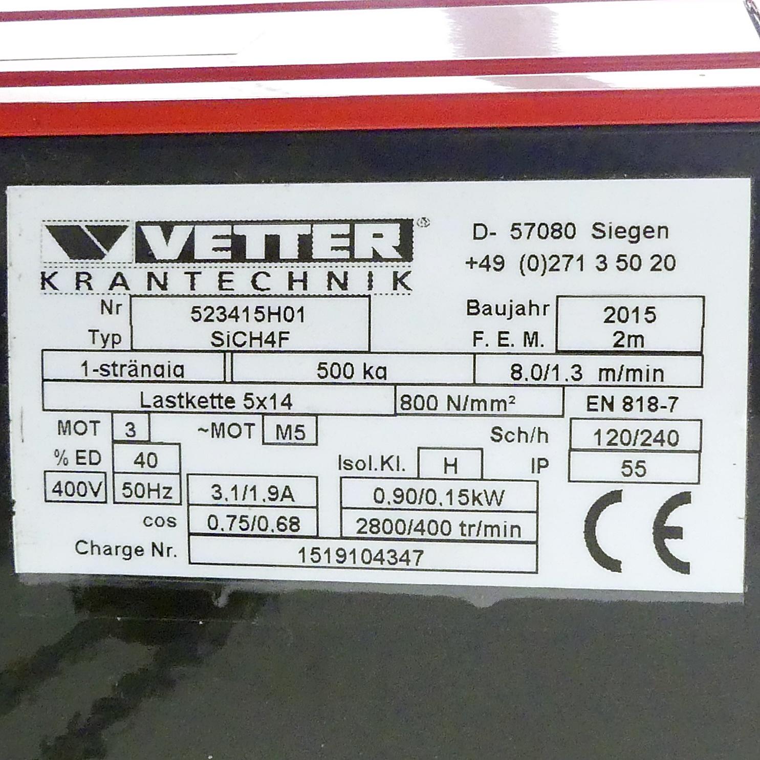 Produktfoto 2 von VETTER KRANTECHNIK Elektro-Kettenzug SiCH4F-HF Tragl. 500kg, 1-strängig, Hand-Fahrwerk