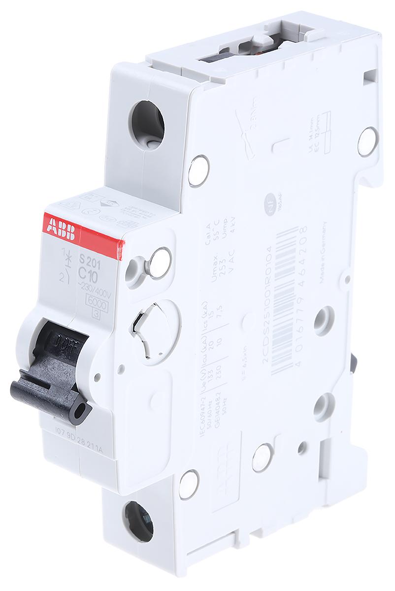 Produktfoto 1 von ABB S200 MCB Leitungsschutzschalter Typ C, 1-polig 10A 253V, Abschaltvermögen 6 kA System Pro M Compact