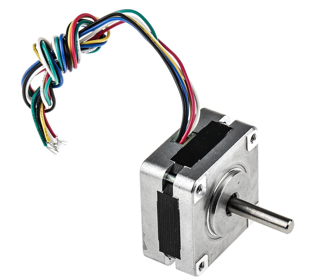 Produktfoto 1 von RS PRO Hybrid 1.8° Schrittmotor 6,5 V / 500 mA 6-adrig, 39.2 x 39.2mm Wellen-Ø 5mm