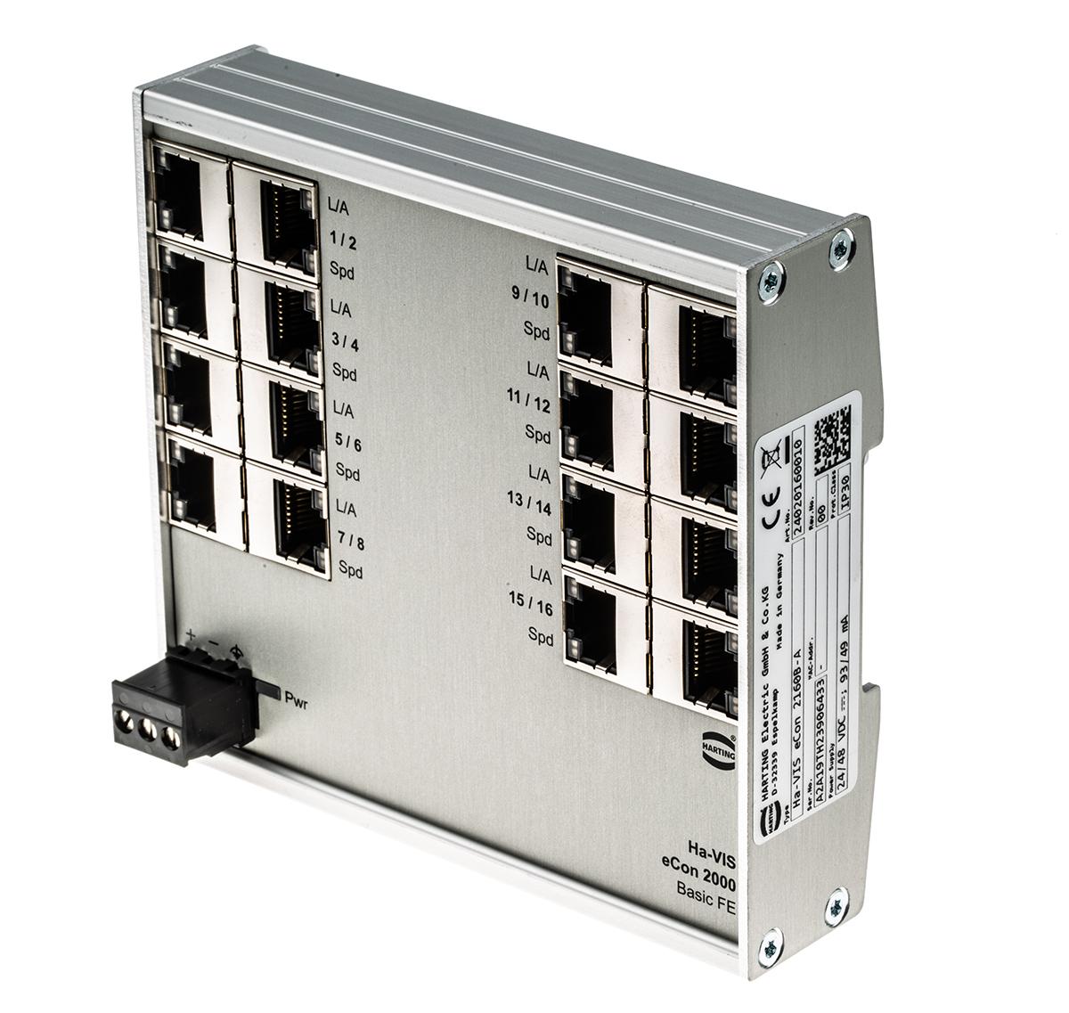 Produktfoto 1 von HARTING Unmanaged Ethernet Switch, 16 x RJ45 / 10/100Mbit/s, bis 100m für DIN-Schienen, 24/48V dc