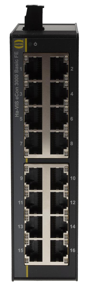 Produktfoto 1 von HARTING Unmanaged Ethernet Switch, 16 x RJ45 / 10/100Mbit/s, bis 100m für DIN-Schienen, 48V dc