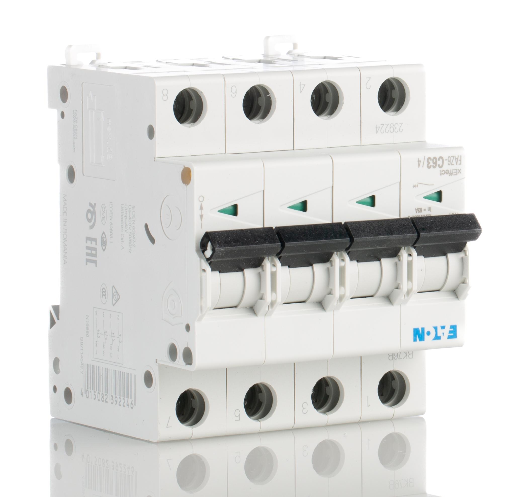 Produktfoto 1 von Eaton Eaton Moeller MCB Leitungsschutzschalter Typ C, 4-polig 63A 230 → 400V, Abschaltvermögen 6 kA xEffect