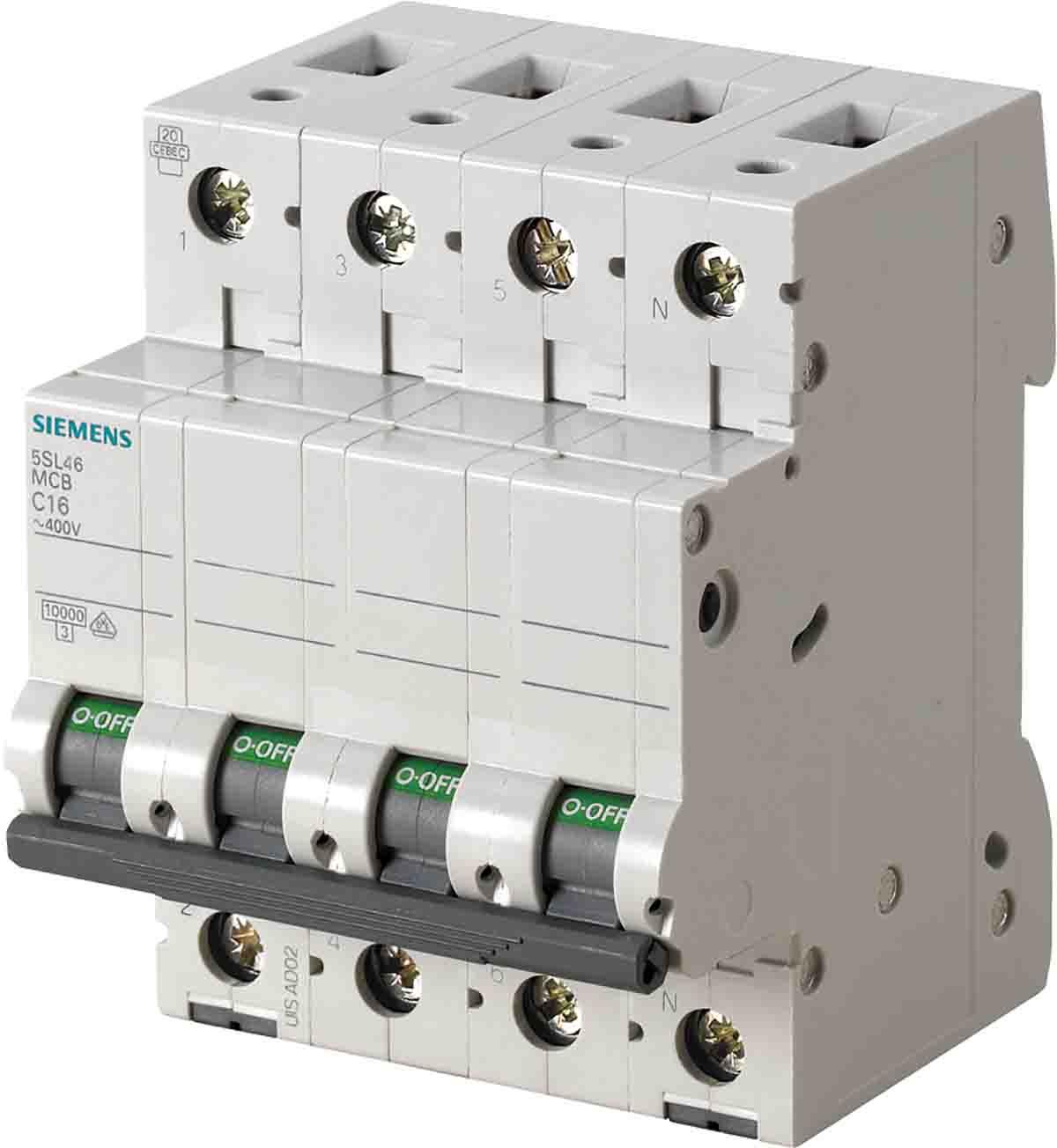 Siemens 5SL4 MCB Leitungsschutzschalter Typ C, Pol 3P+N 4A 400V SENTRON DIN-Schienen-Montage