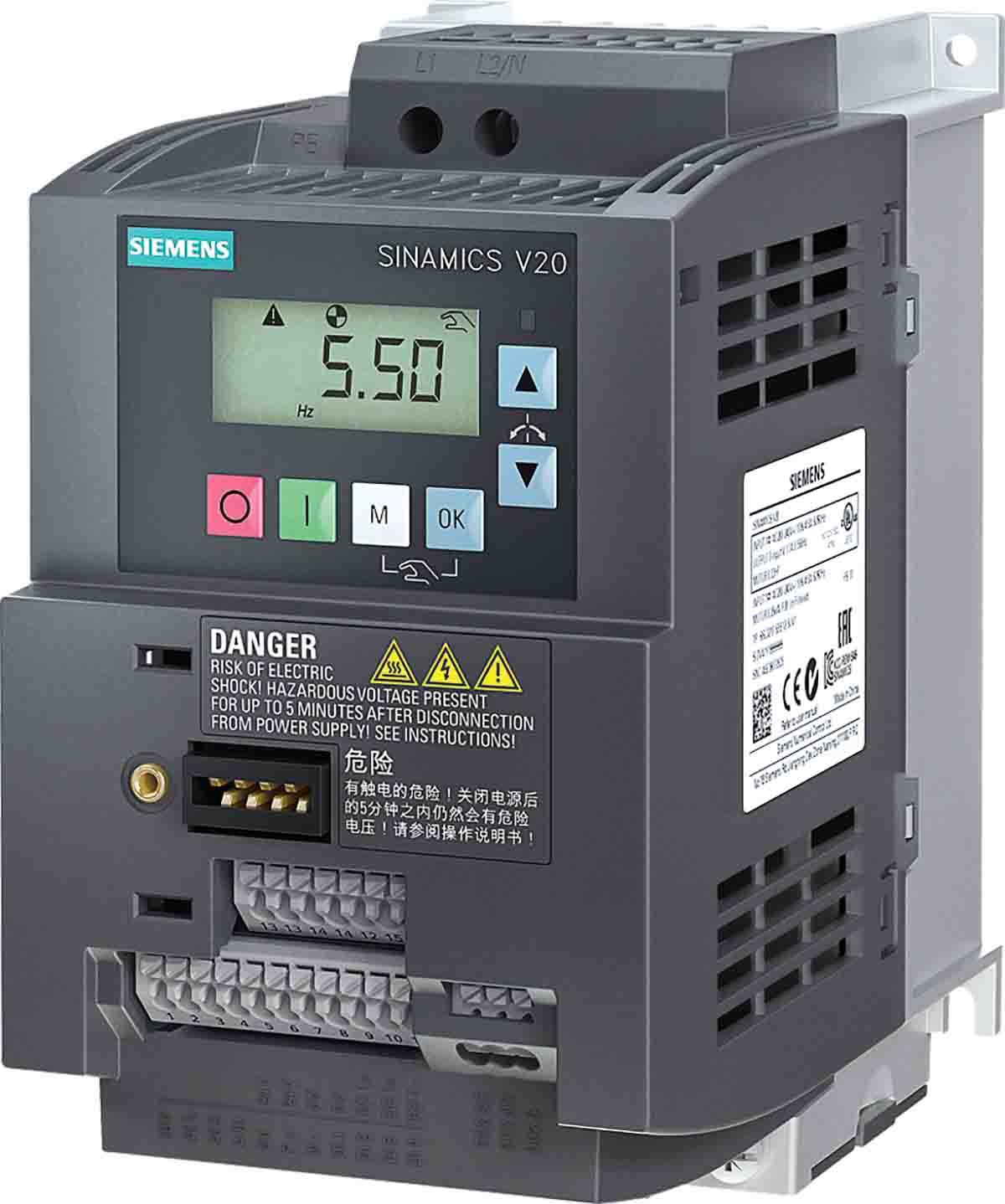 Siemens V20, 1-Phasen Frequenzumrichter 1,1 kW, 240 V ac / 6 A 550Hz für Wechselstrommotoren