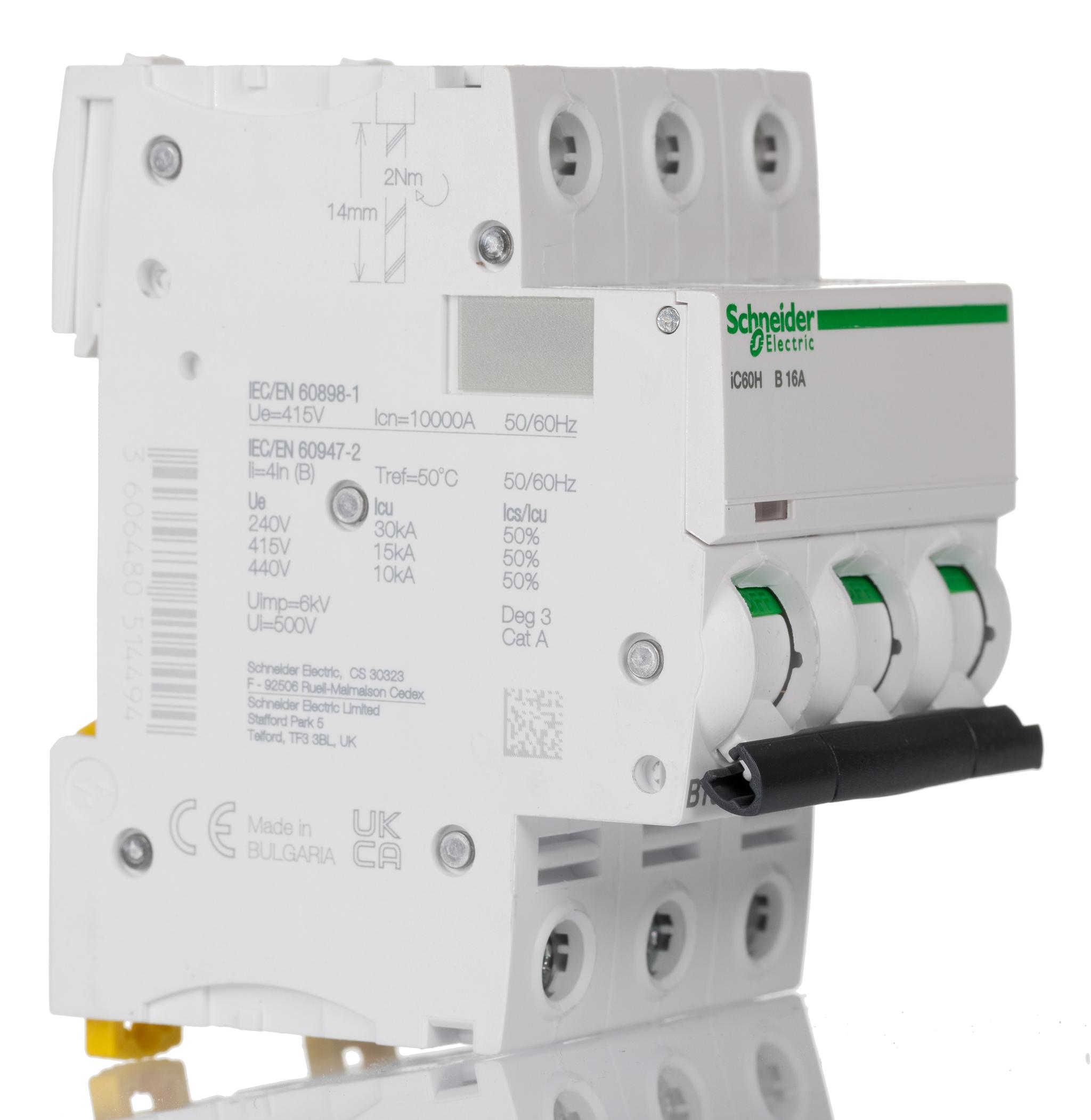 Produktfoto 1 von Schneider Electric iC60H MCB Leitungsschutzschalter Typ B, 3-polig 16A 440V, Abschaltvermögen 10 kA Acti 9