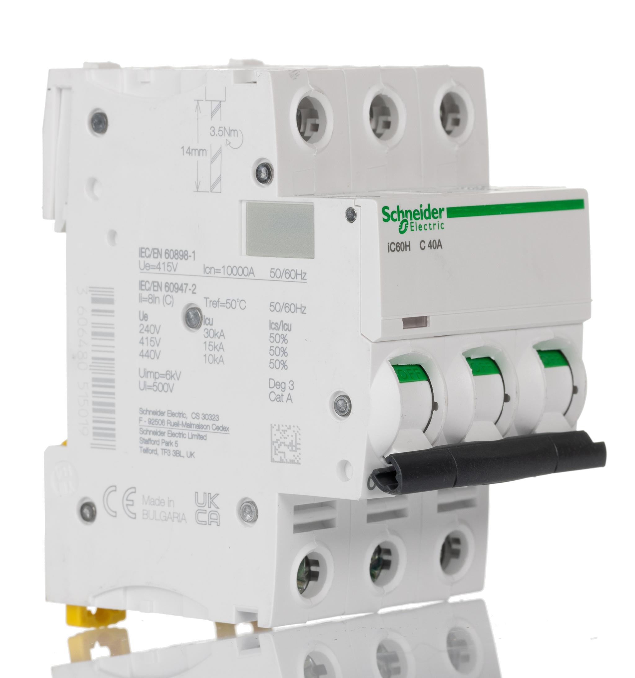 Produktfoto 1 von Schneider Electric iC60H MCB Leitungsschutzschalter Typ C, 3-polig 40A 440V, Abschaltvermögen 10 kA Acti 9