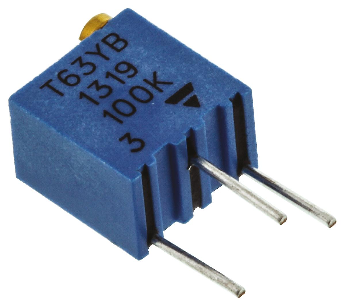 Produktfoto 1 von Vishay T63 14-Gang THT Trimmer-Potentiometer, Einstellung von oben, 100kΩ, ±10%, 0.25W, Pin, L. 6.8mm