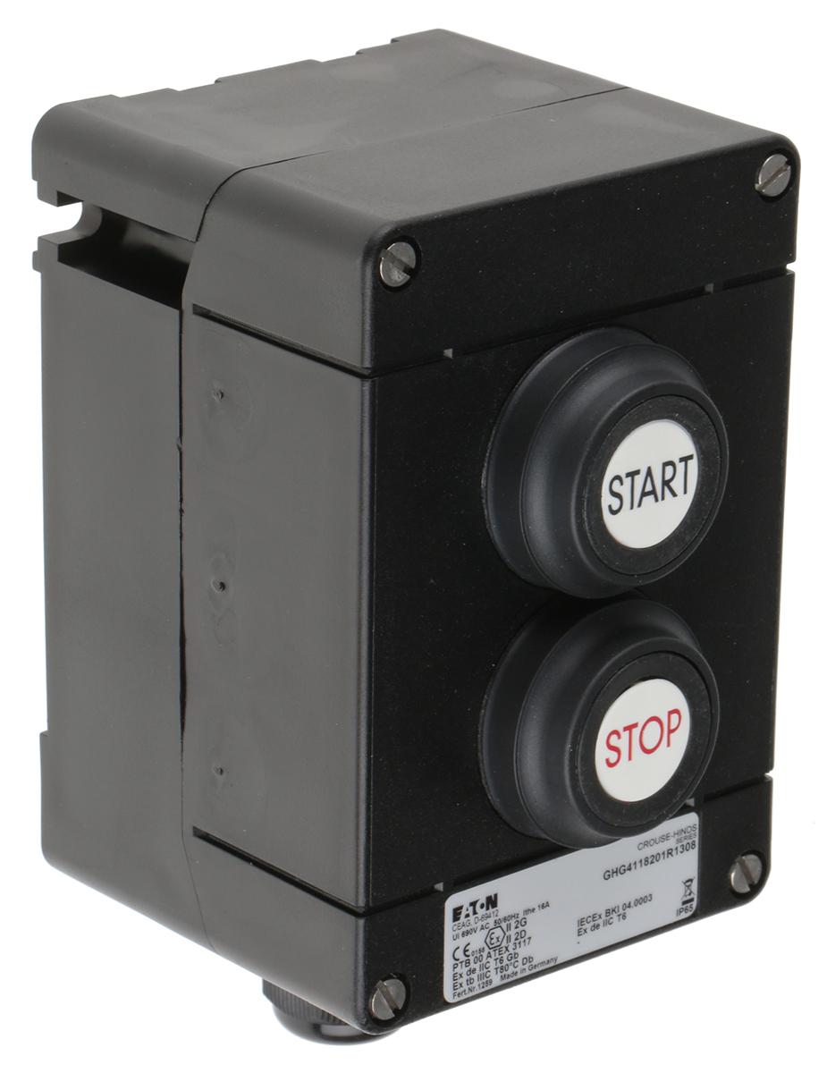 Produktfoto 1 von Eaton CROUSE-HINDS Drucktaste-Steuerstation, 500V / 16A Schwarz Ø 22mm, IP65, IP67