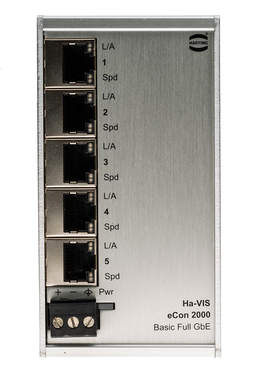 Produktfoto 1 von Harting Ethernet-Switch, 5 x RJ45 / 10/100/1000Mbit/s, bis 100m für DIN-Schienen, 48V dc