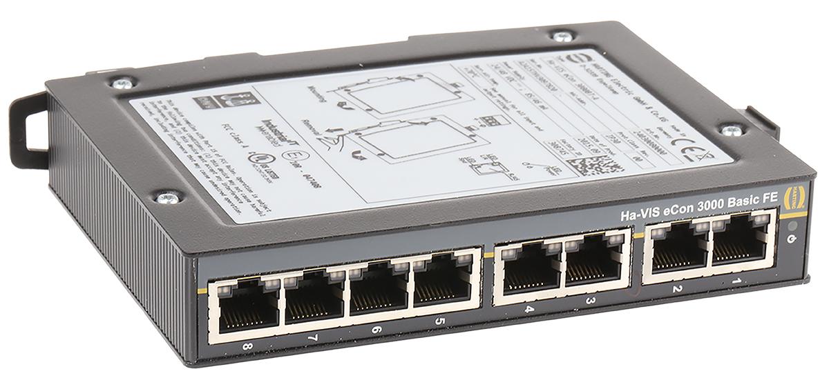 Produktfoto 1 von HARTING Ethernet-Switch, 8 x RJ45 / 10/100Mbit/s, bis 100m für DIN-Schienen, 48V dc