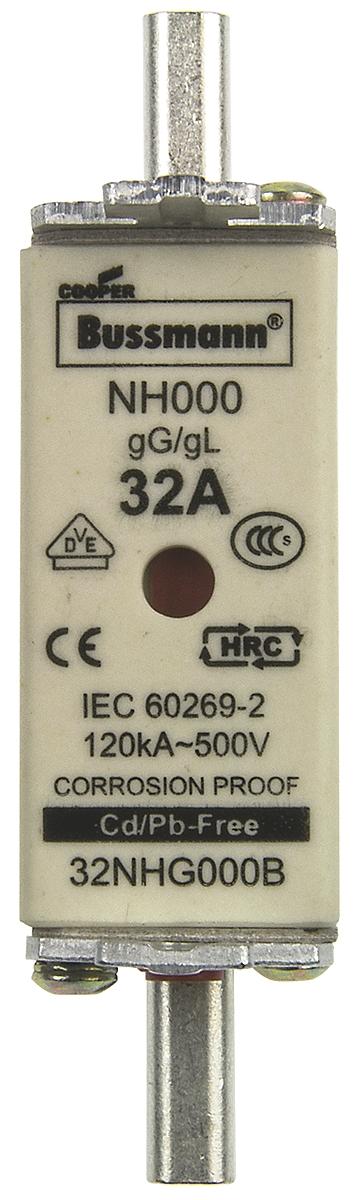 Produktfoto 1 von Eaton Bussmann Eaton Bussman Sicherungseinsatz NH000, 500V ac / 32A, gG - gL DIN 43620-1, DIN 43620-3, IEC 60269, VDE