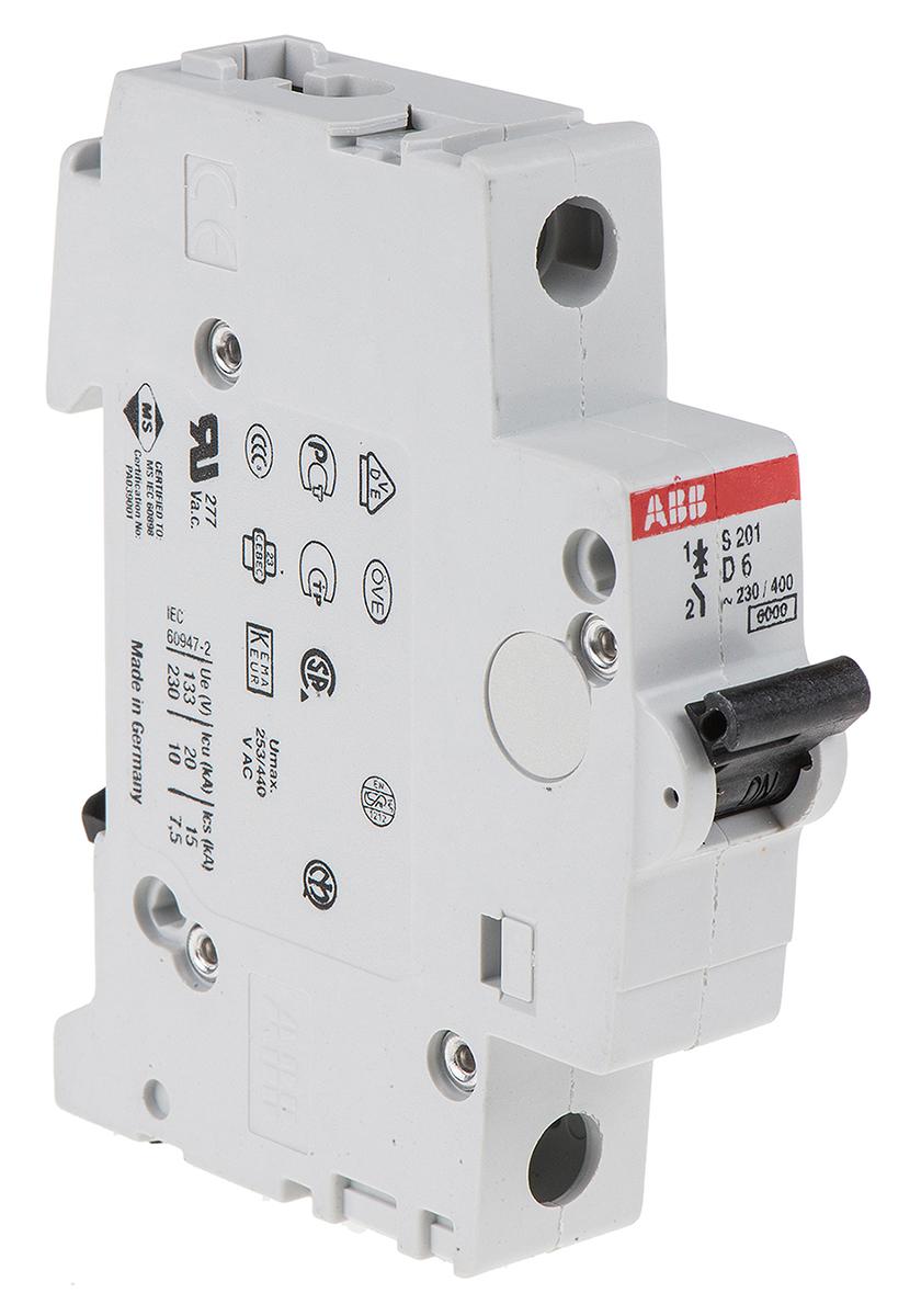 Produktfoto 1 von ABB S200 MCB Leitungsschutzschalter Typ D, 1-polig 6A 253V, Abschaltvermögen 6 kA System Pro M Compact