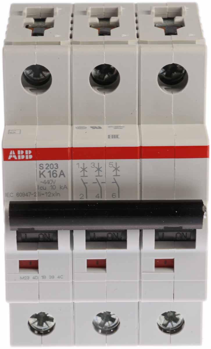 Produktfoto 1 von ABB S200 MCB Leitungsschutzschalter Typ K, 3-polig 16A 440V, Abschaltvermögen 6 kA System Pro M Compact