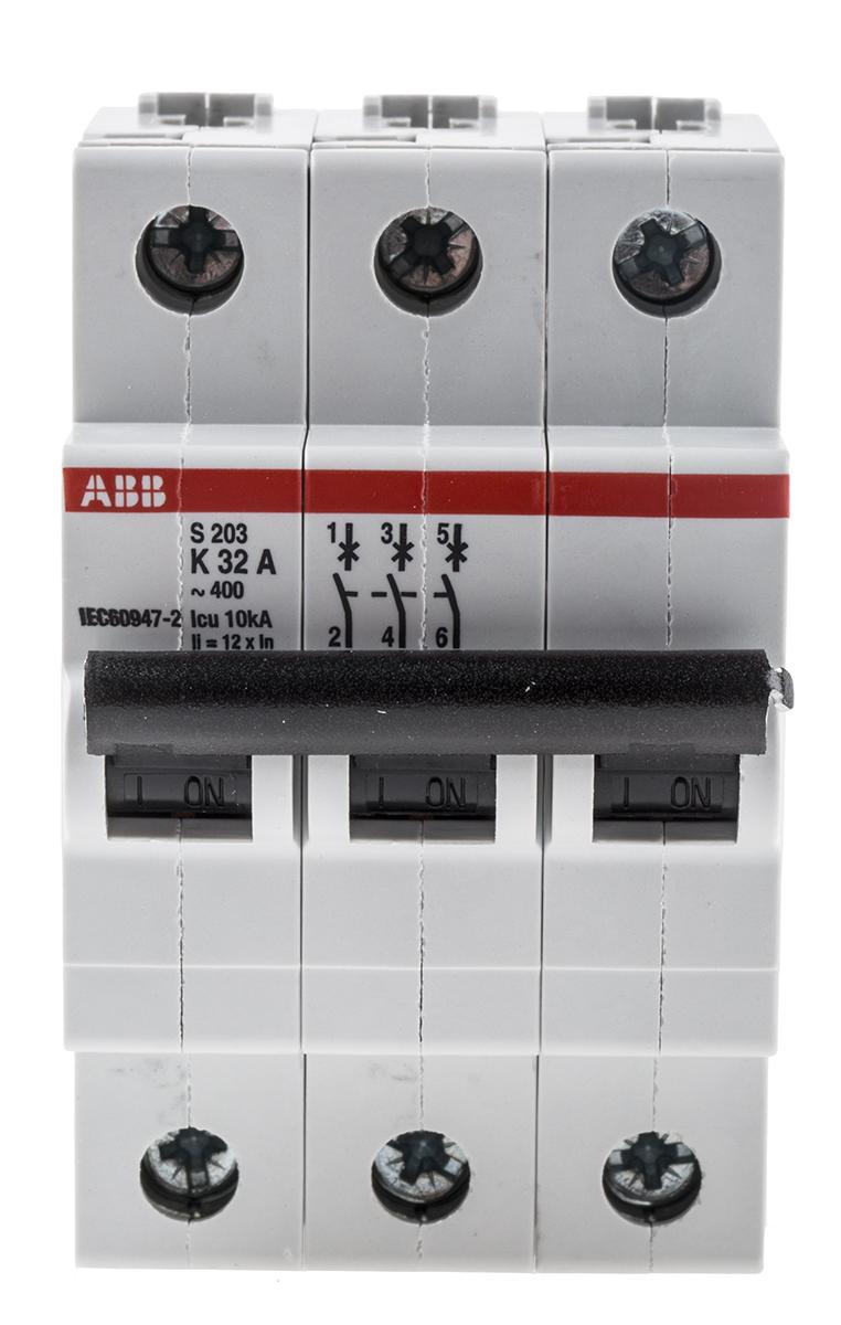 Produktfoto 1 von ABB S200 MCB Leitungsschutzschalter Typ K, 3-polig 32A 440V, Abschaltvermögen 6 kA System Pro M Compact