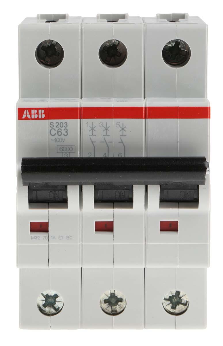 Produktfoto 1 von ABB S200 MCB Leitungsschutzschalter Typ C, 3-polig 63A 400V, Abschaltvermögen 6 kA System Pro M Compact