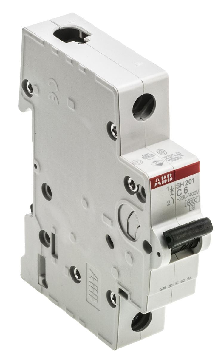 ABB SH200 MCB Leitungsschutzschalter Typ C, 1-polig 6A 440V, Abschaltvermögen 6 kA Compact Home DIN-Schienen-Montage