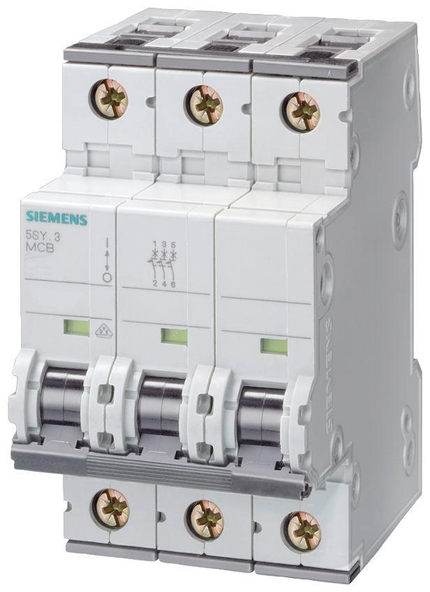 Siemens 5SY4 MCB Leitungsschutzschalter Typ D, 3-polig 50A 400V, Abschaltvermögen 10 kA Sentron DIN-Schienen-Montage