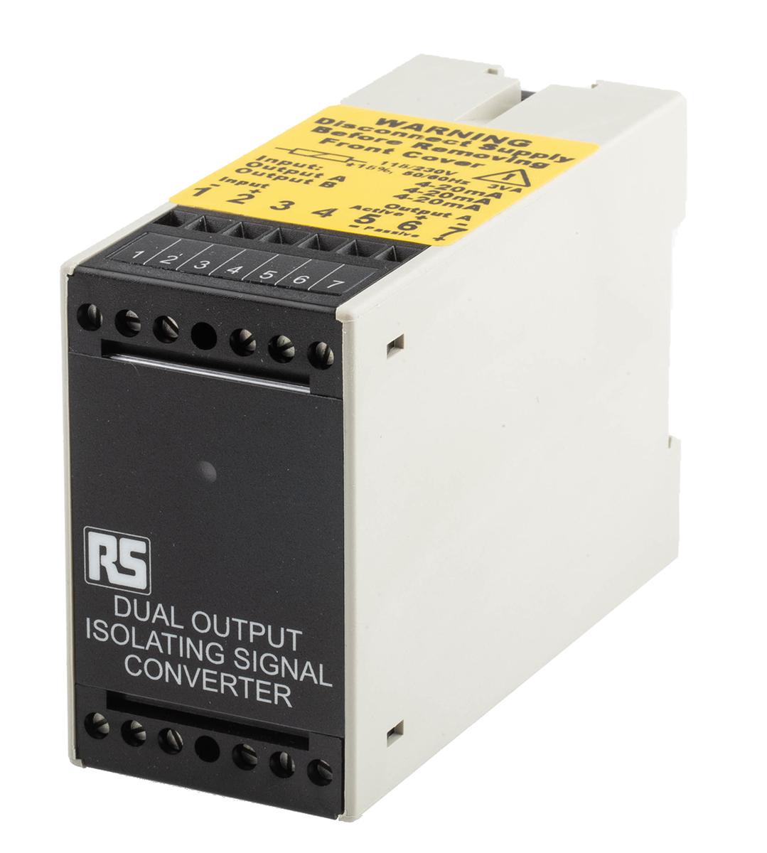 Produktfoto 1 von RS PRO Signalwandler, Signaltrenner 115V ac, Strom 4 → 20mA EIN / Strom 2 x 4-20mA AUS DIN-Schiene