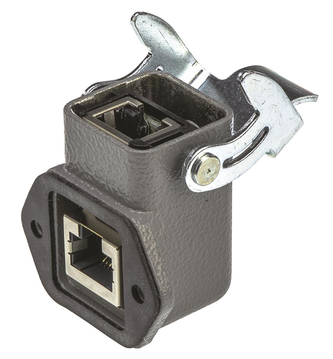 Harting Han 3A RJ45 Cat.5 RJ45-Steckverbinder Buchse, 1-Port 8-polig Geschirmt, Tafelmontage abgewinkelt