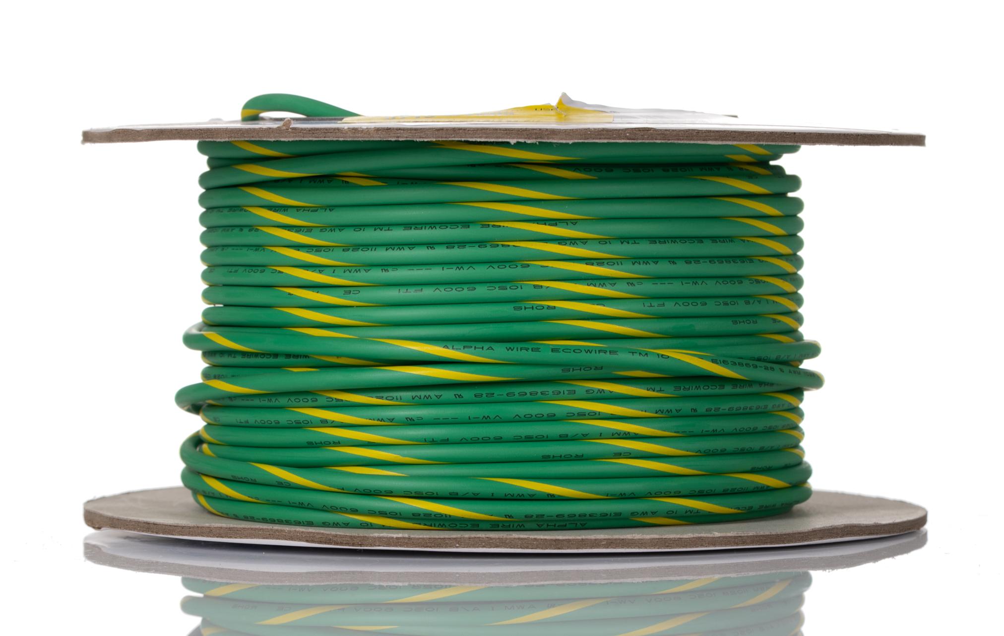 Produktfoto 1 von Alpha Wire Einzeladerleitung 5,2 mm², 10 AWG 30m Grün/Gelb MPPE isoliert Ø 3.66mm 105/0,25 mm Litzen UL11028