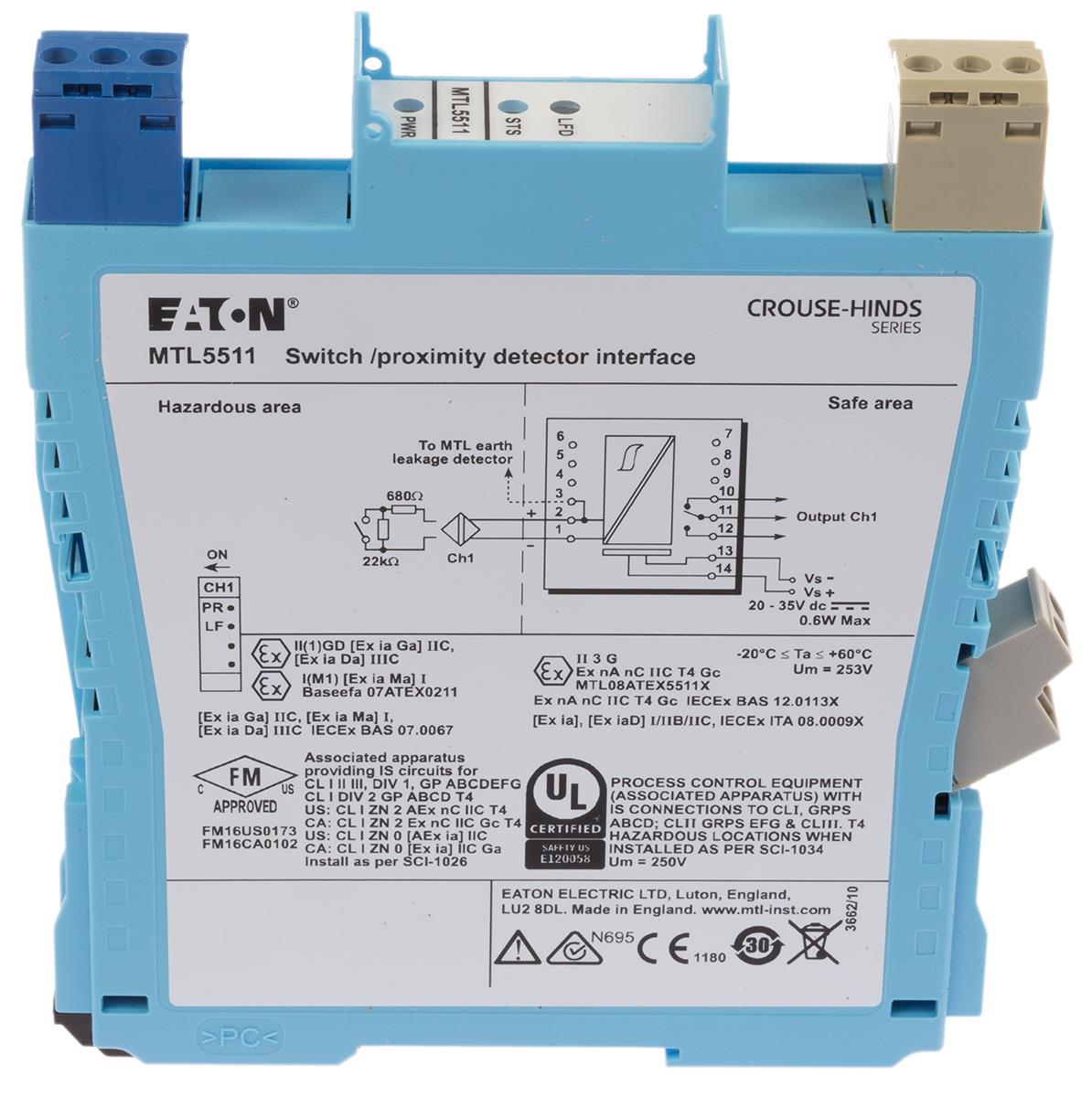 Eaton Zenerbarriere 1-kanalig NAMUR-Sensor, Schalter Relais 20 → 35V dc ATEX 14mA max. 10.5V