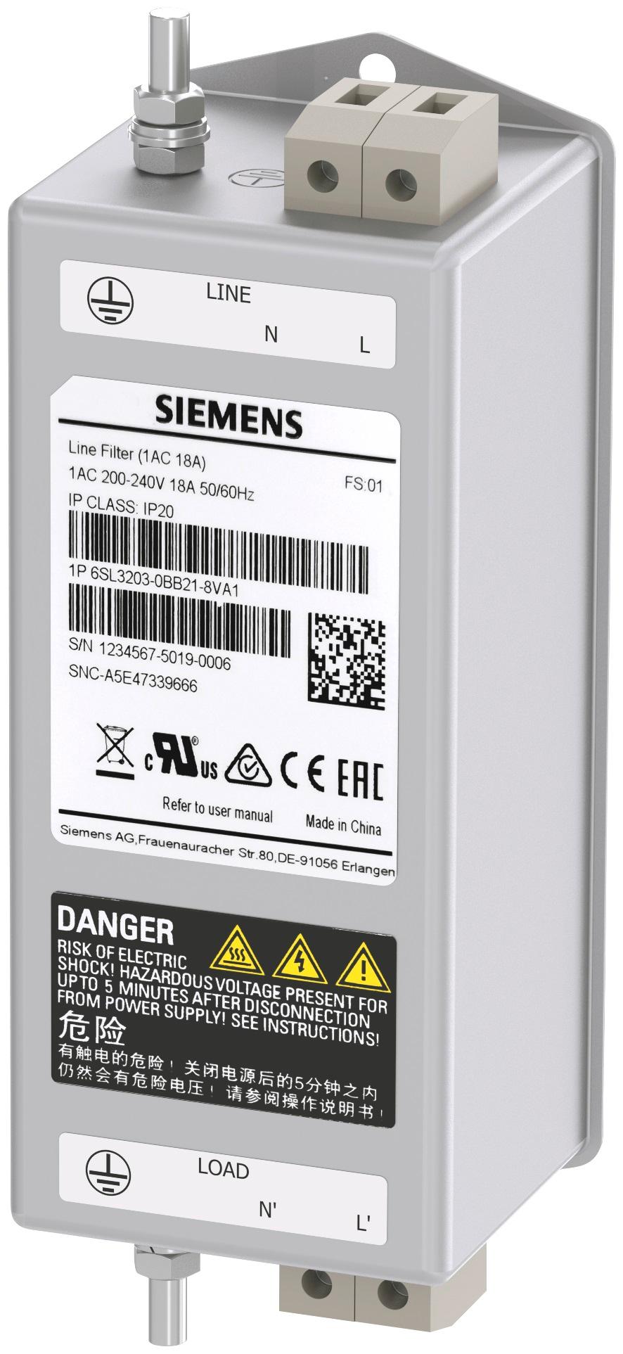 Produktfoto 1 von Siemens SINAMICS Netzfilter, 240 V ac, 18A, Frontplattenmontage, 1-phasig / Category 2